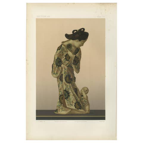 Lithograph of a Japanese Woman in Traditional Kimono and Child Figurine, 1884