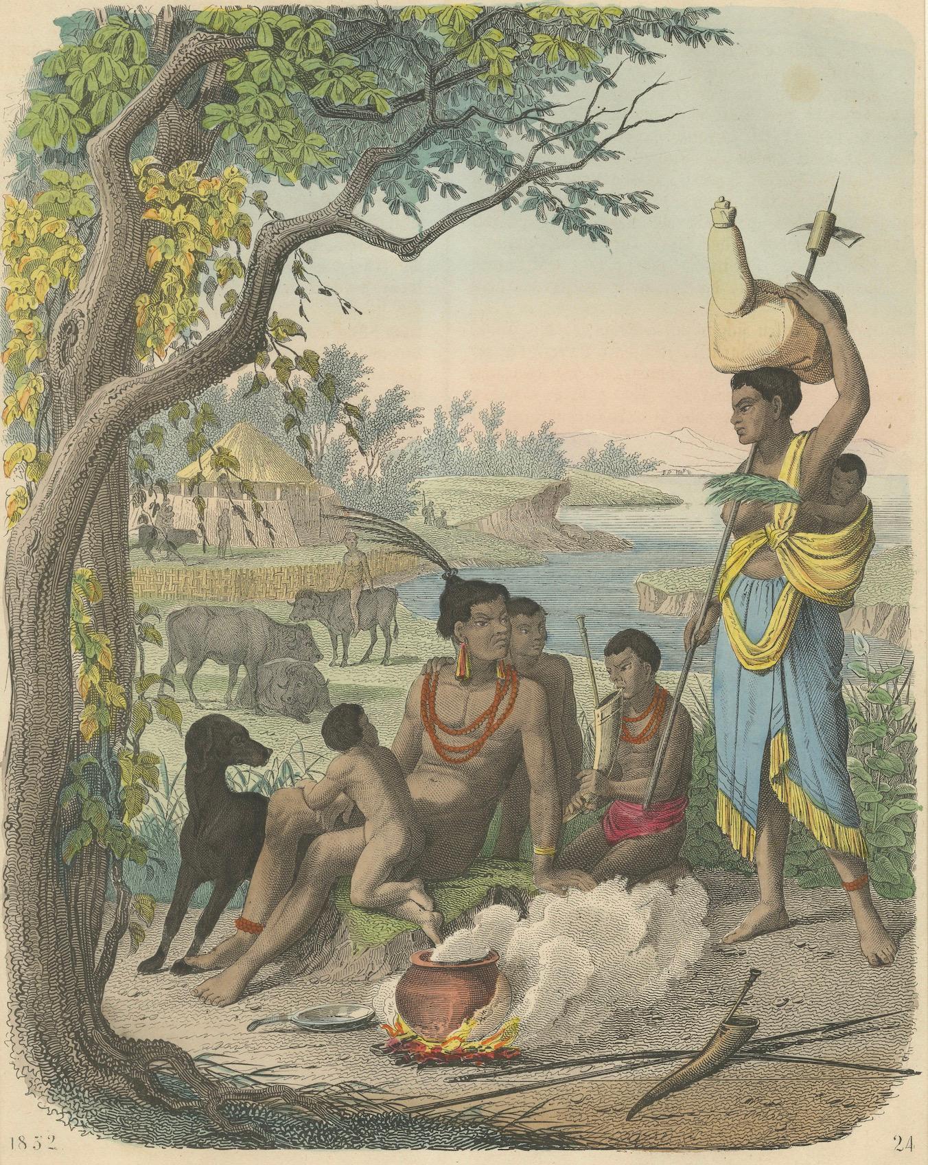 Lithographie d'une rassemblement de familles sud-africaines : un aperçu de la vie tribale en 1852 Bon état - En vente à Langweer, NL