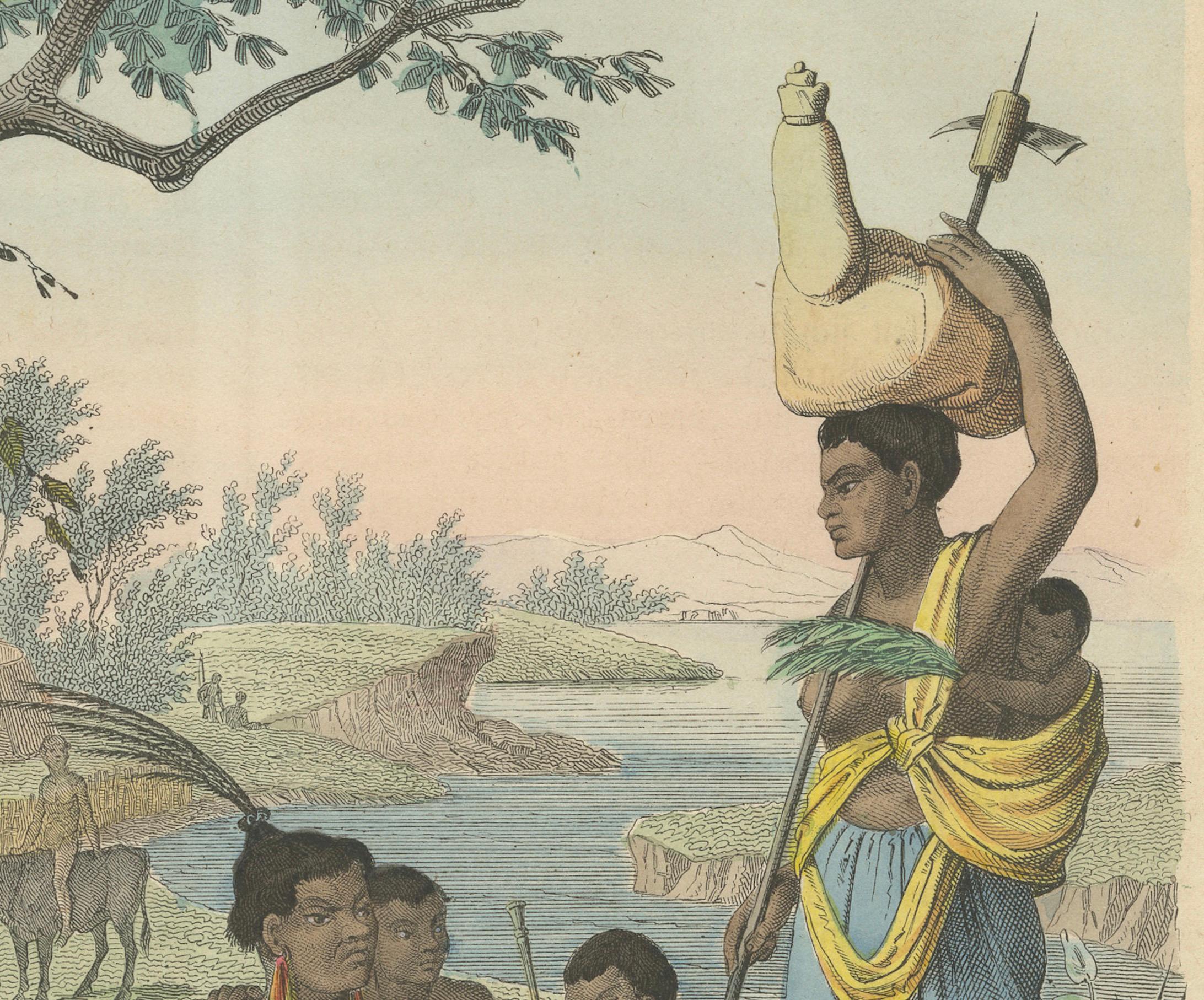 Milieu du XIXe siècle Lithographie d'une rassemblement de familles sud-africaines : un aperçu de la vie tribale en 1852 en vente