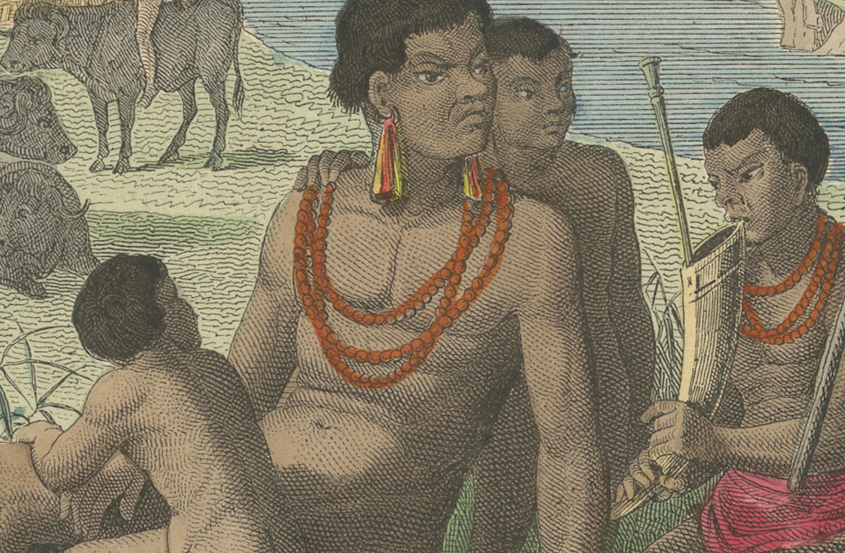 Papier Lithographie d'une rassemblement de familles sud-africaines : un aperçu de la vie tribale en 1852 en vente