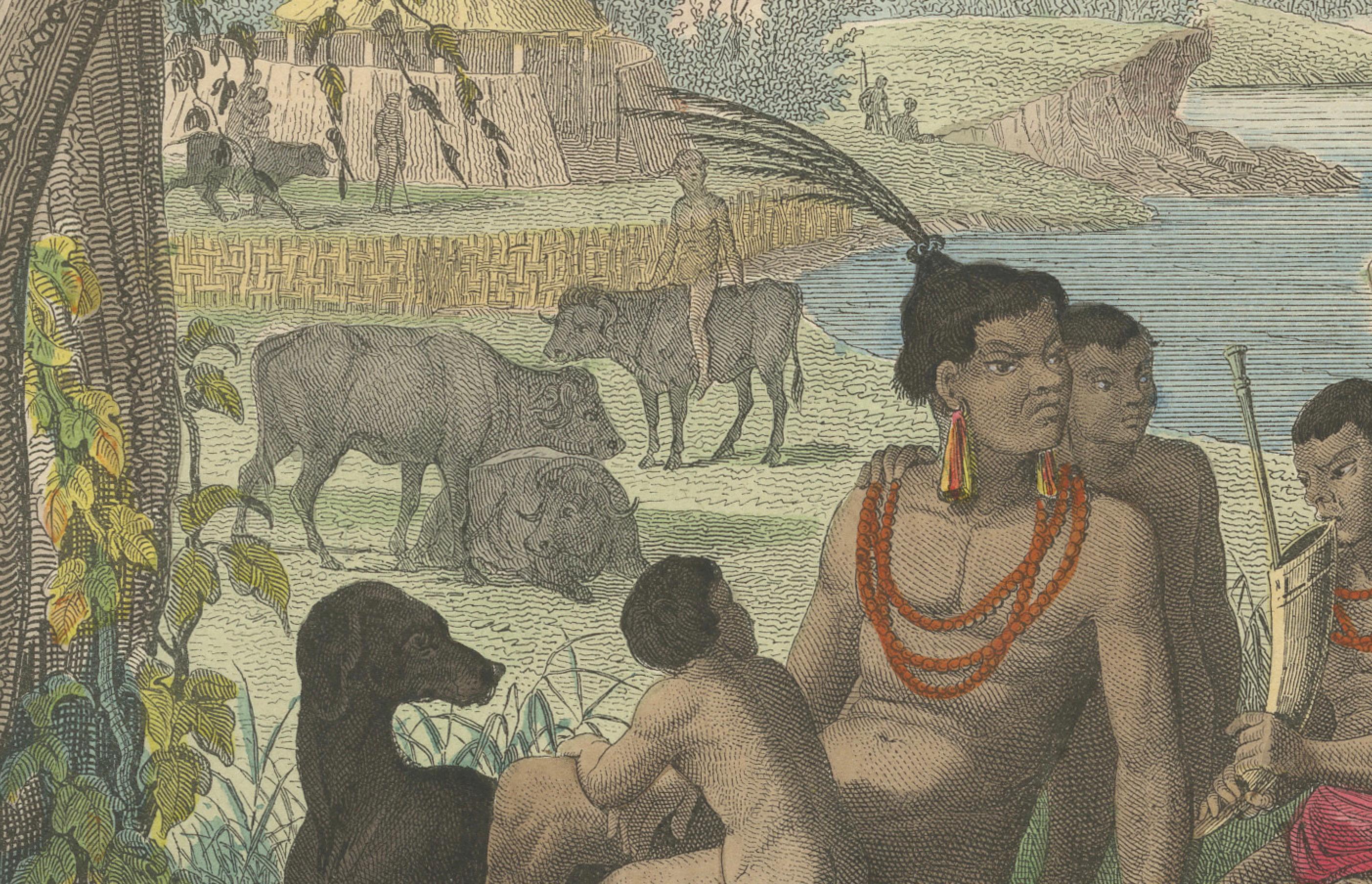 Lithographie d'une rassemblement de familles sud-africaines : un aperçu de la vie tribale en 1852 en vente 1