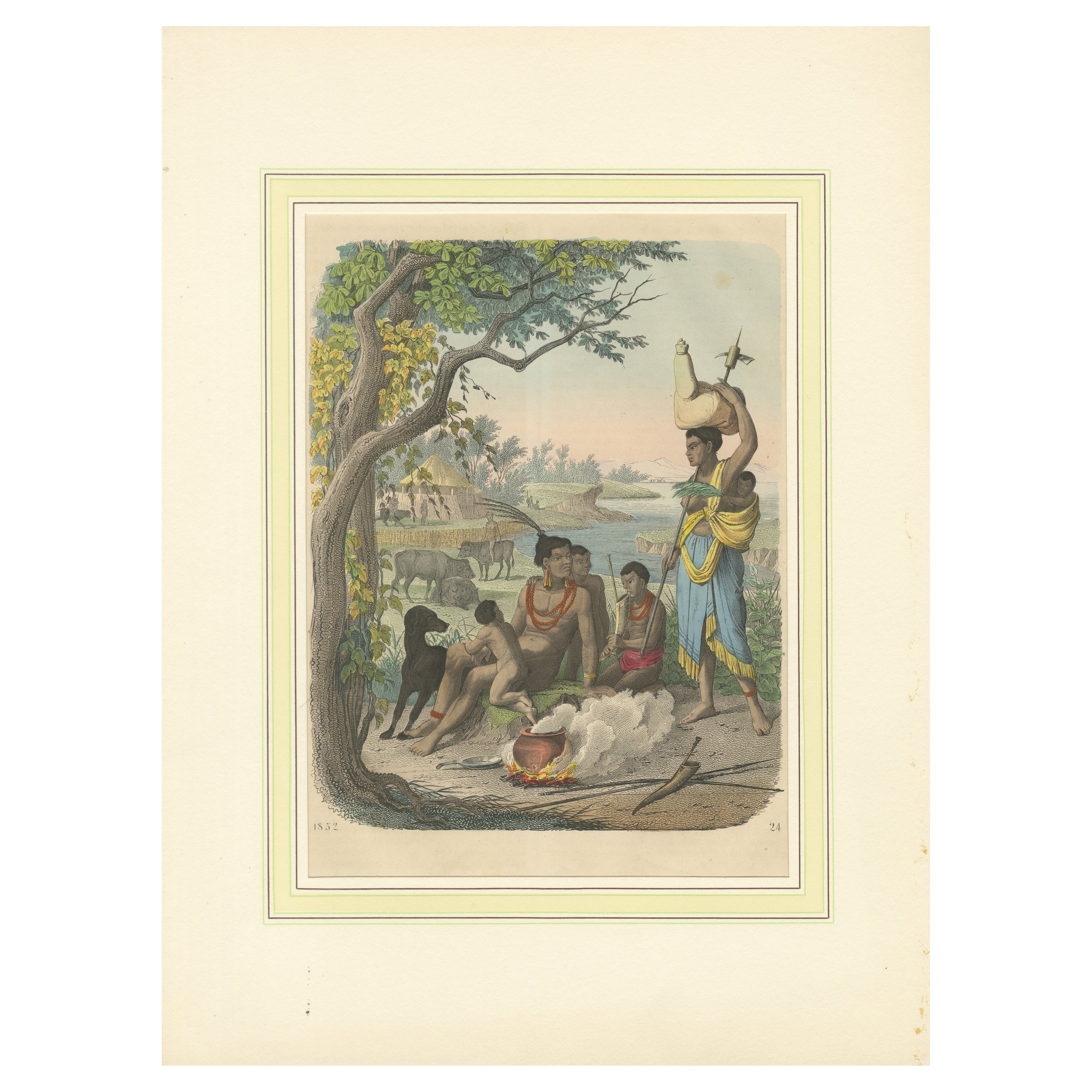 Lithographie einer südafrikanischen Familie beim Zusammentreffen: Ein Einblick in das Stammesleben von 1852