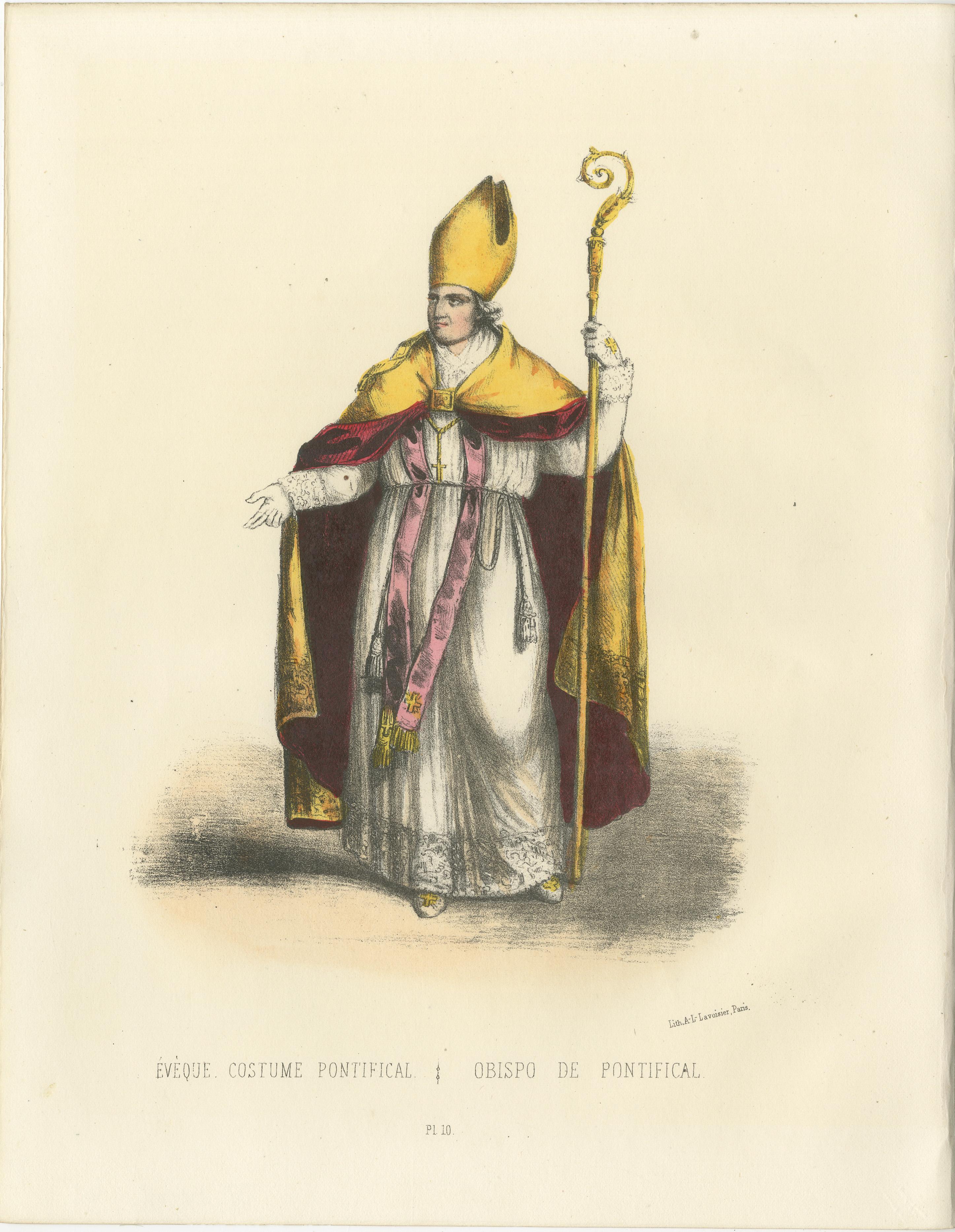 Handcolored Lithograph of Évêque en Costume Pontifical (Bishop in Pontifical Robes), Plate 10, 1862  
 
A stunning handcolored lithograph portraying an Évêque en Costume Pontifical (Bishop in Pontifical Robes), Plate 10 from *Album ou Collection
