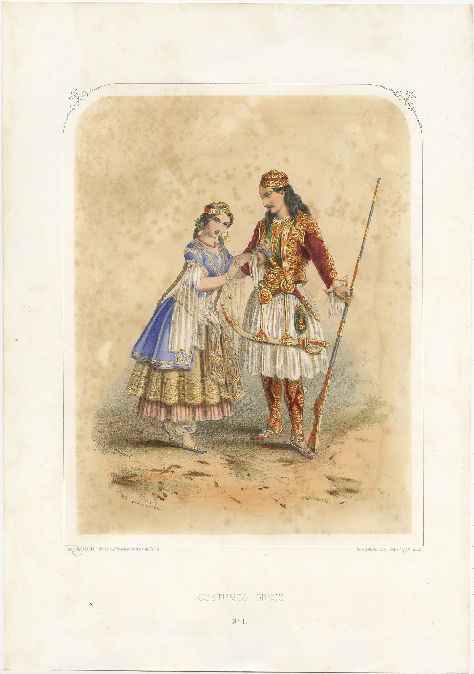 Lithograph of Greek Costumes, ca.1850 In Fair Condition For Sale In Langweer, NL