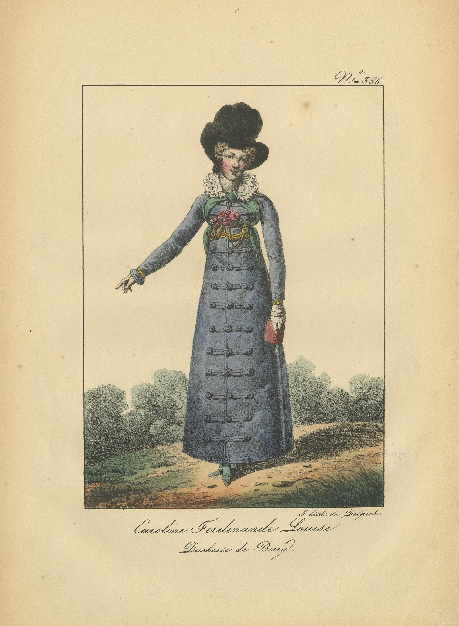 Grabado antiguo titulado 'Caroline Ferdinande Louise Duchesse de Berry'. 

Litografía de Marie-Caroline de Bourbon-Sicile, duquesa de Berry, princesa italiana de la Casa de Borbón que se casó con la familia real francesa. Este grabado procede de