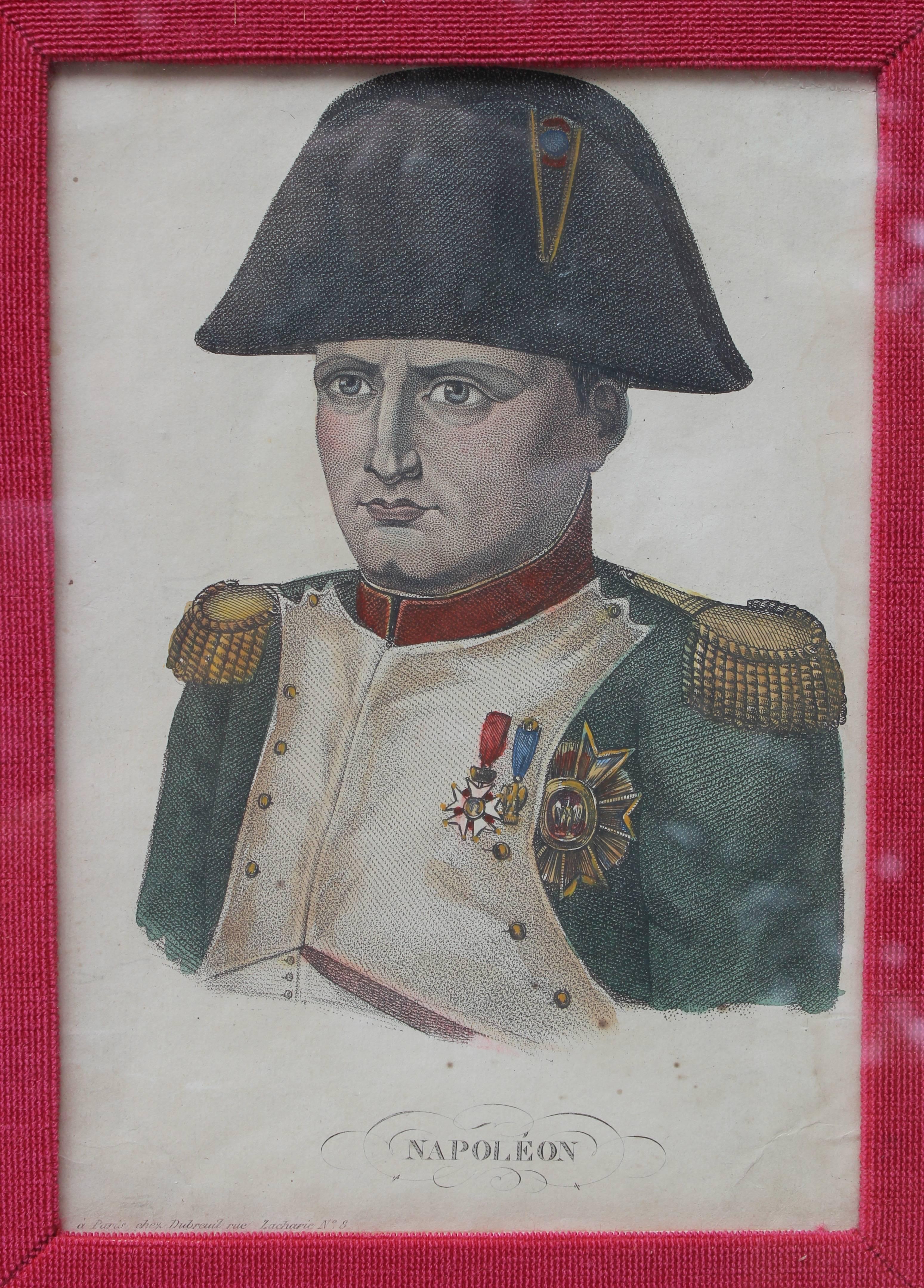 Colored lithograph of Napoleon in custom gilt frame and needlepoint matte.