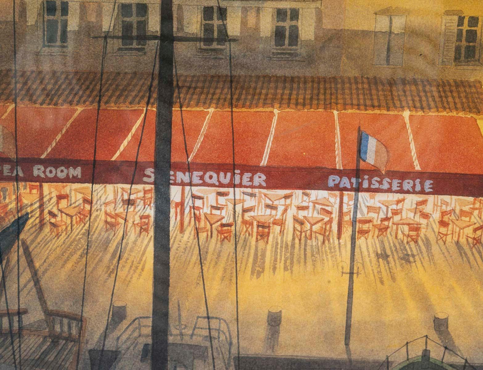 Litografía de Saint Tropez, Senequier, firmada, enmarcada bajo cristal, 1990. Moderno en venta