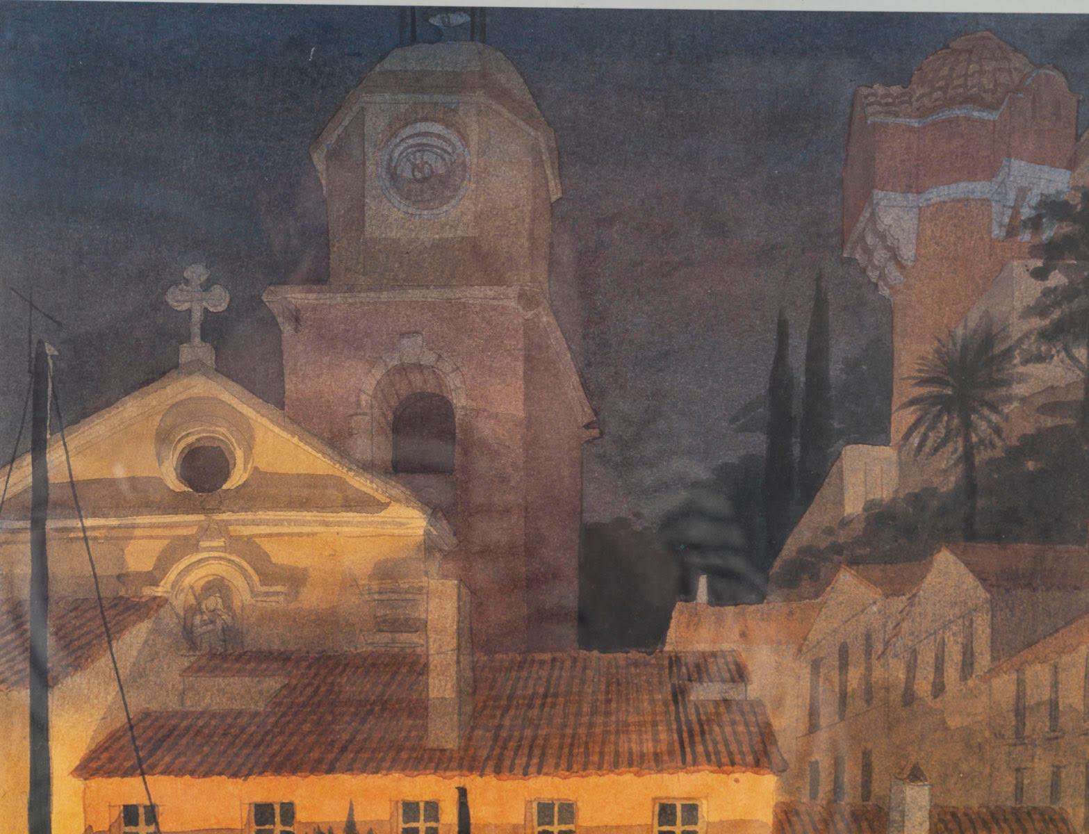 Litografía de Saint Tropez, Senequier, firmada, enmarcada bajo cristal, 1990. en Bueno estado para la venta en Saint-Ouen, FR