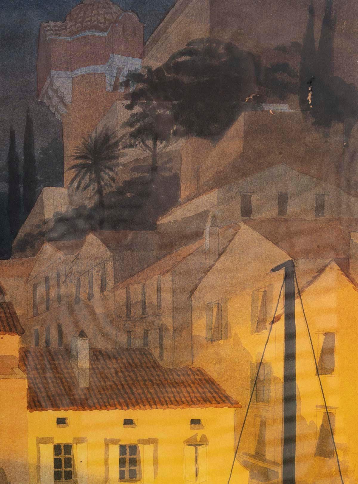 Litografía de Saint Tropez, Senequier, firmada, enmarcada bajo cristal, 1990. siglo XX en venta