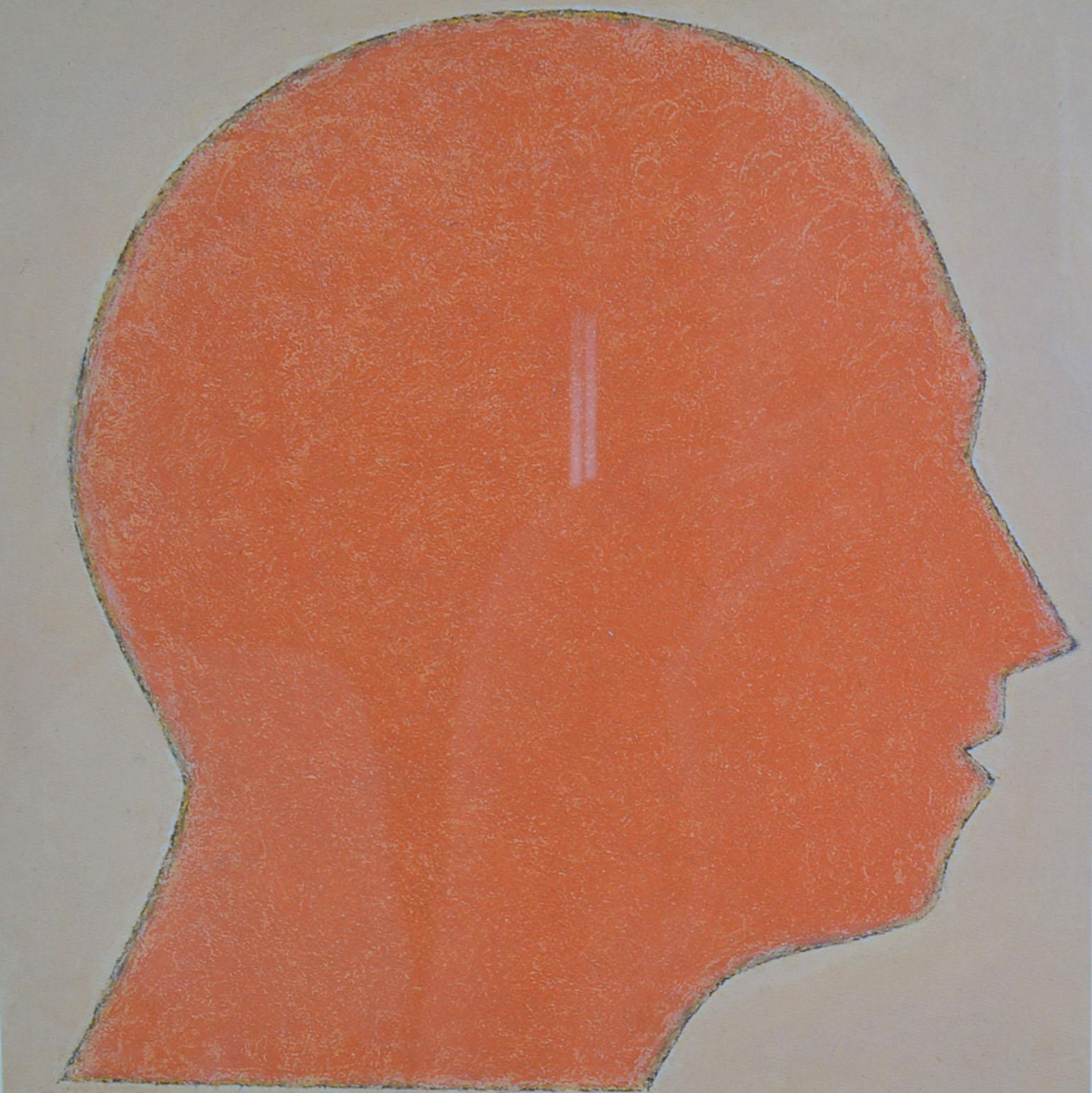 Lithograph of faces in silhouette by Beate Selzer, Germany 1990's. In this print the headsars reduced to the bear minimum and stylized to head sculptures each with its own color becoming a play of repeating patterns and the spaces in between. They