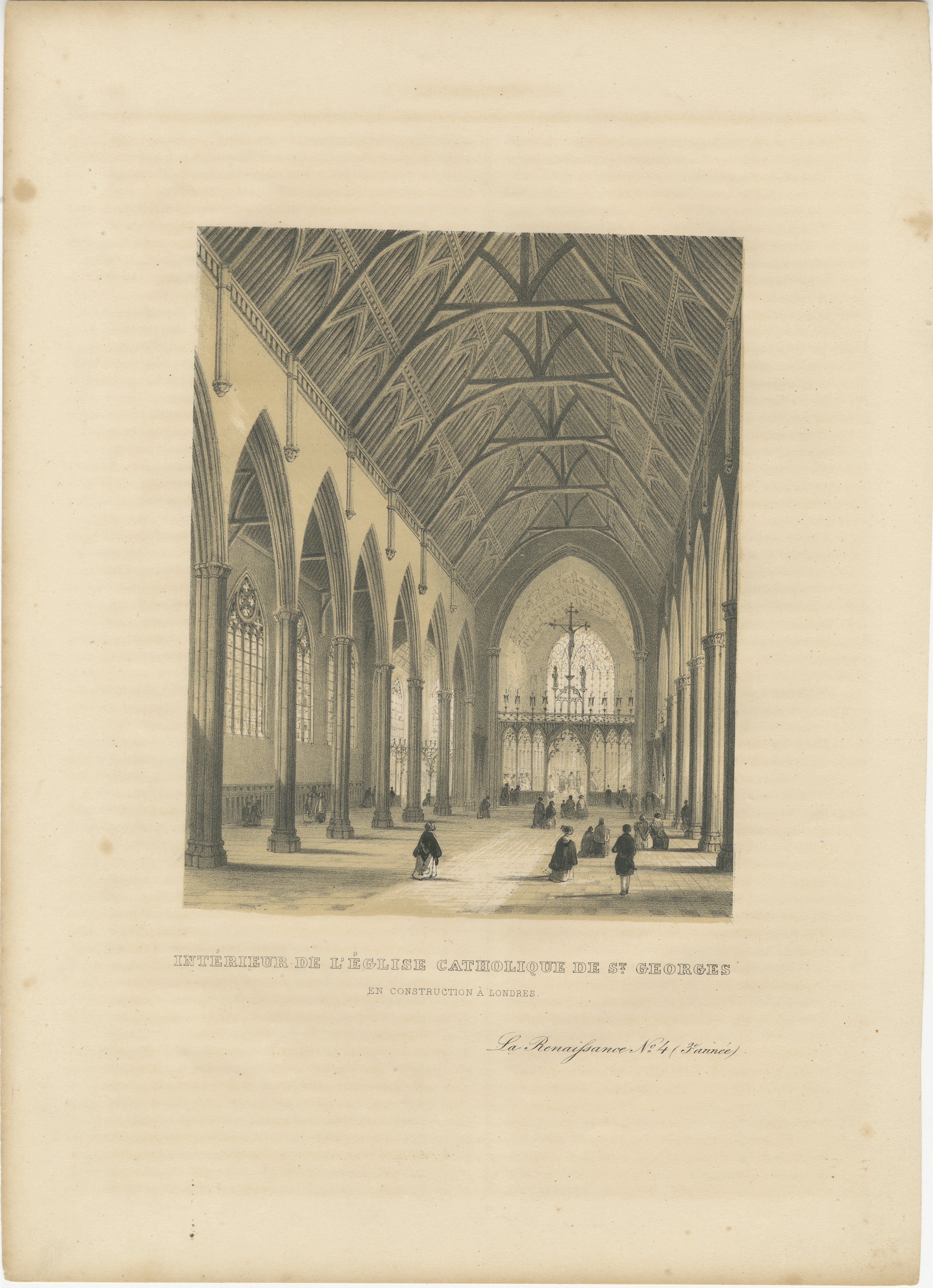 Lithograph of St. George's Church Interior Under Construction in London, 1843 In Good Condition For Sale In Langweer, NL
