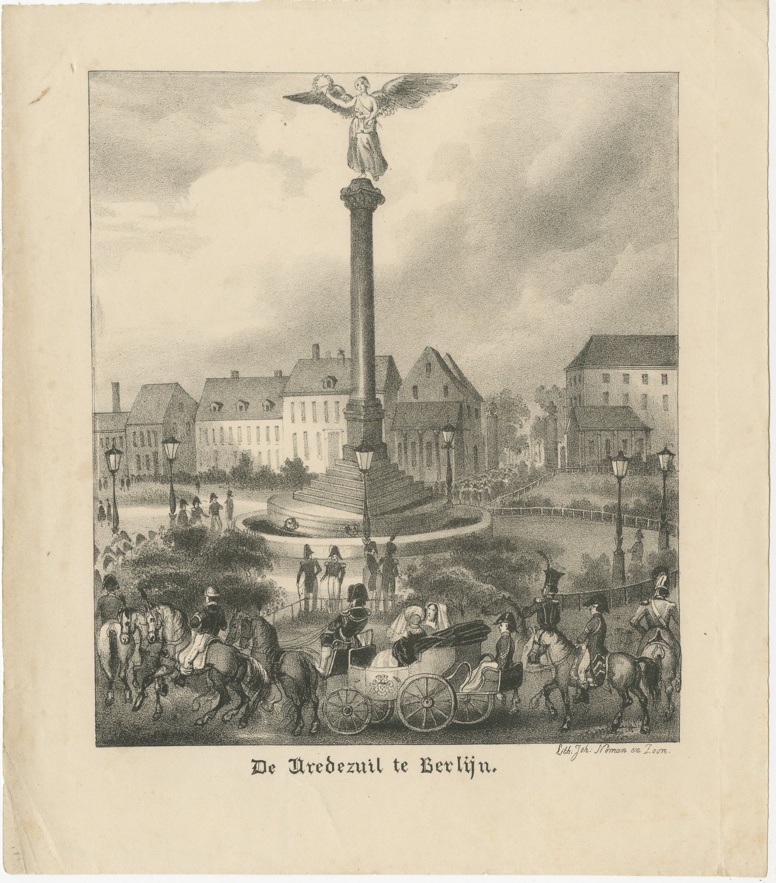 Lithograph of the Peace Column in Berlin (Belle-Alliance-Platz), ca. 1860

This finely executed lithograph depicts the Peace Column (Friedenssäule) located in Belle-Alliance-Platz (now Mehringplatz) in Berlin. The column is crowned with a classical
