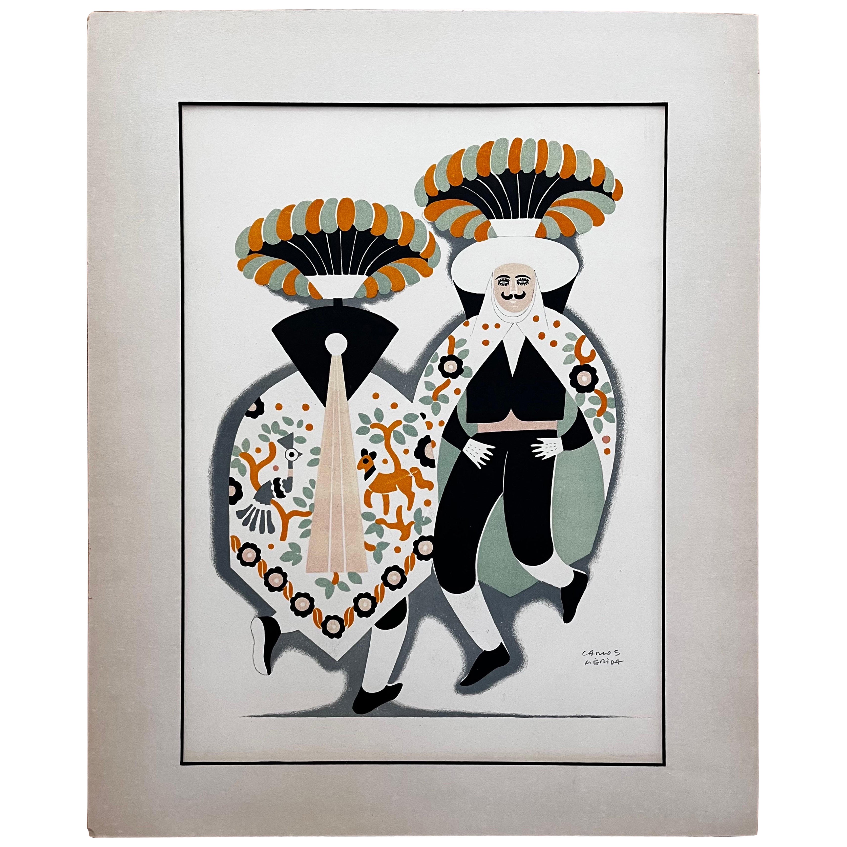 Lithograph of "The Umbrella Men from Dances of Mexico" by Carlos Merida, 1939