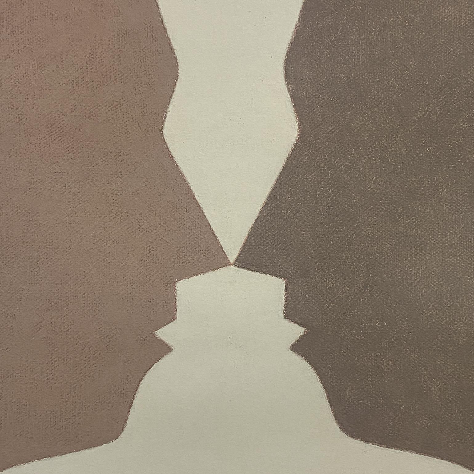 Lithograph of faces in silhouette by Beate Selzer, Germany 1990's. In this print the headsars reduced to the bear minimum and stylized to head sculptures each with its own color becoming a play of repeating patterns and the spaces in between. They