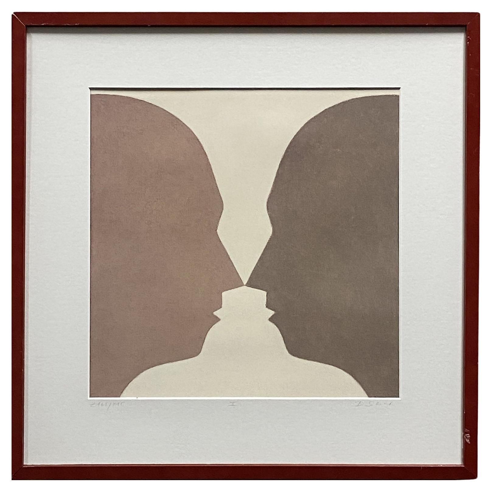 Lithograph of Two Silhouette Faces by Beate Selzer For Sale