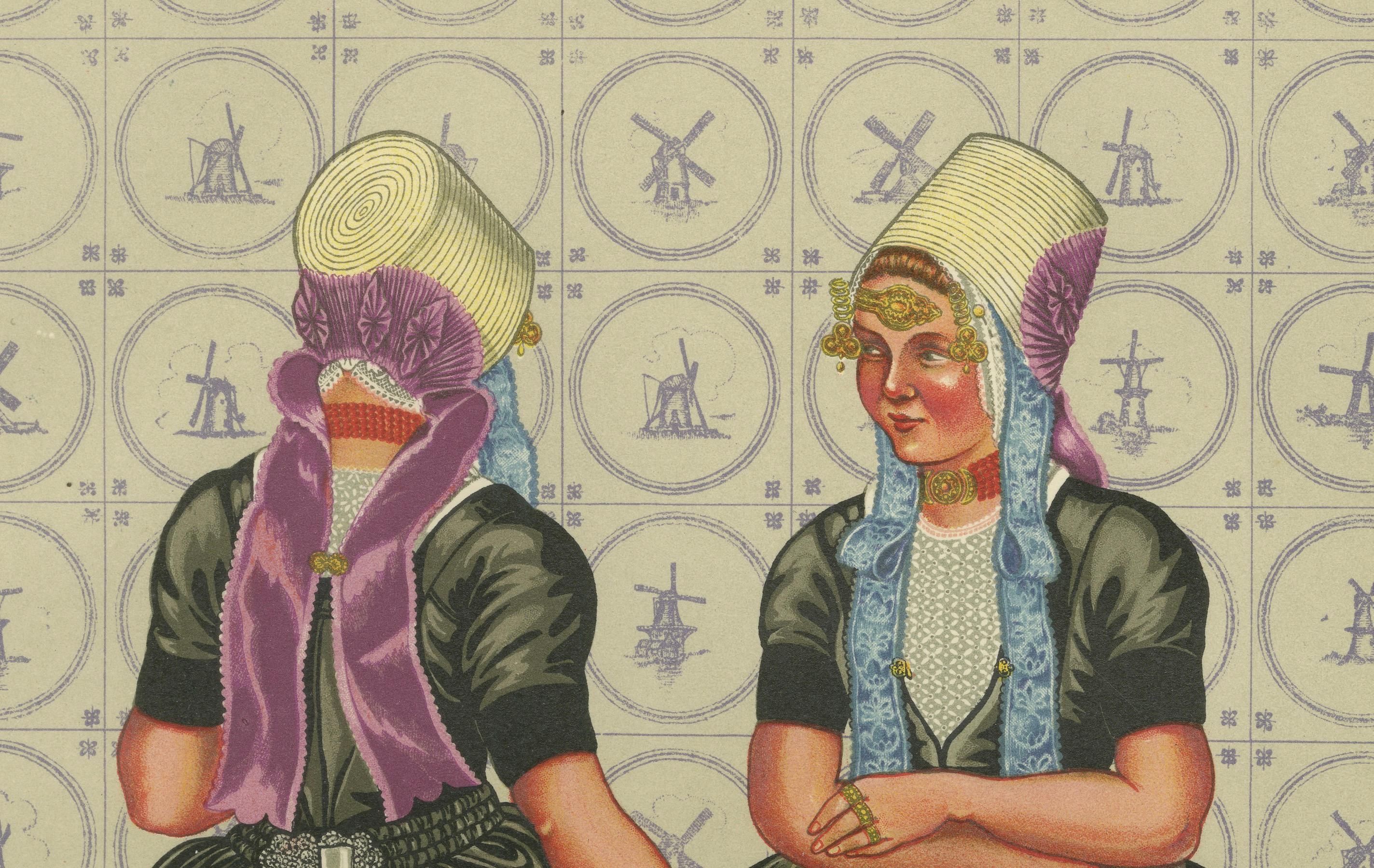 Robe de jour pour femmes de Walcheren avec bonnets et beuk, vers 1860-1890

Cette lithographie vibrante et finement détaillée, publiée à l'origine dans *The National Costumes of Holland* (1932) par Gratiane de Gardilanne et Elizabeth Whitney