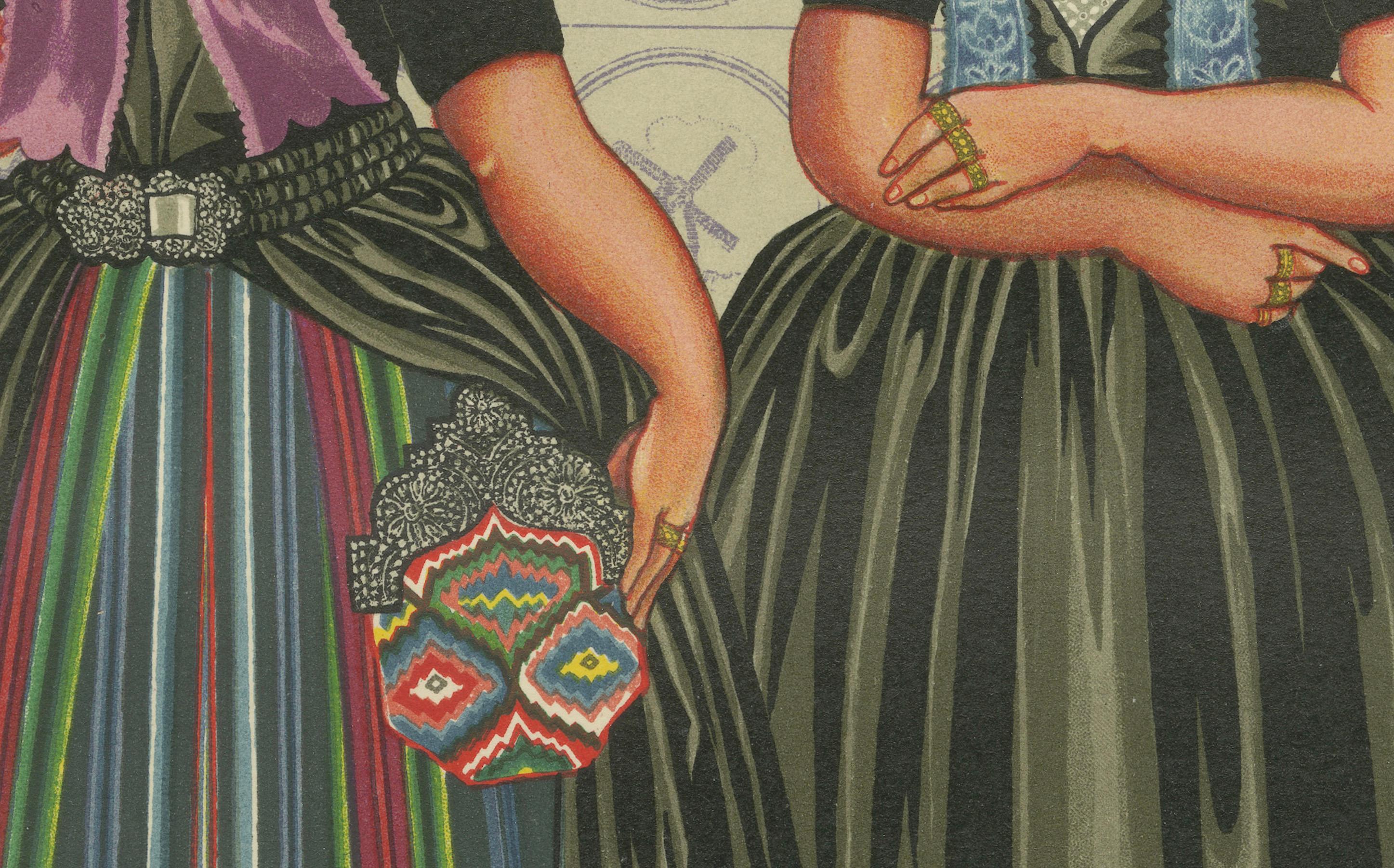 Milieu du XXe siècle Lithographie de la tenue quotidienne des femmes de Walcheren avec bonnets et beuk, vers 1860-1890 en vente