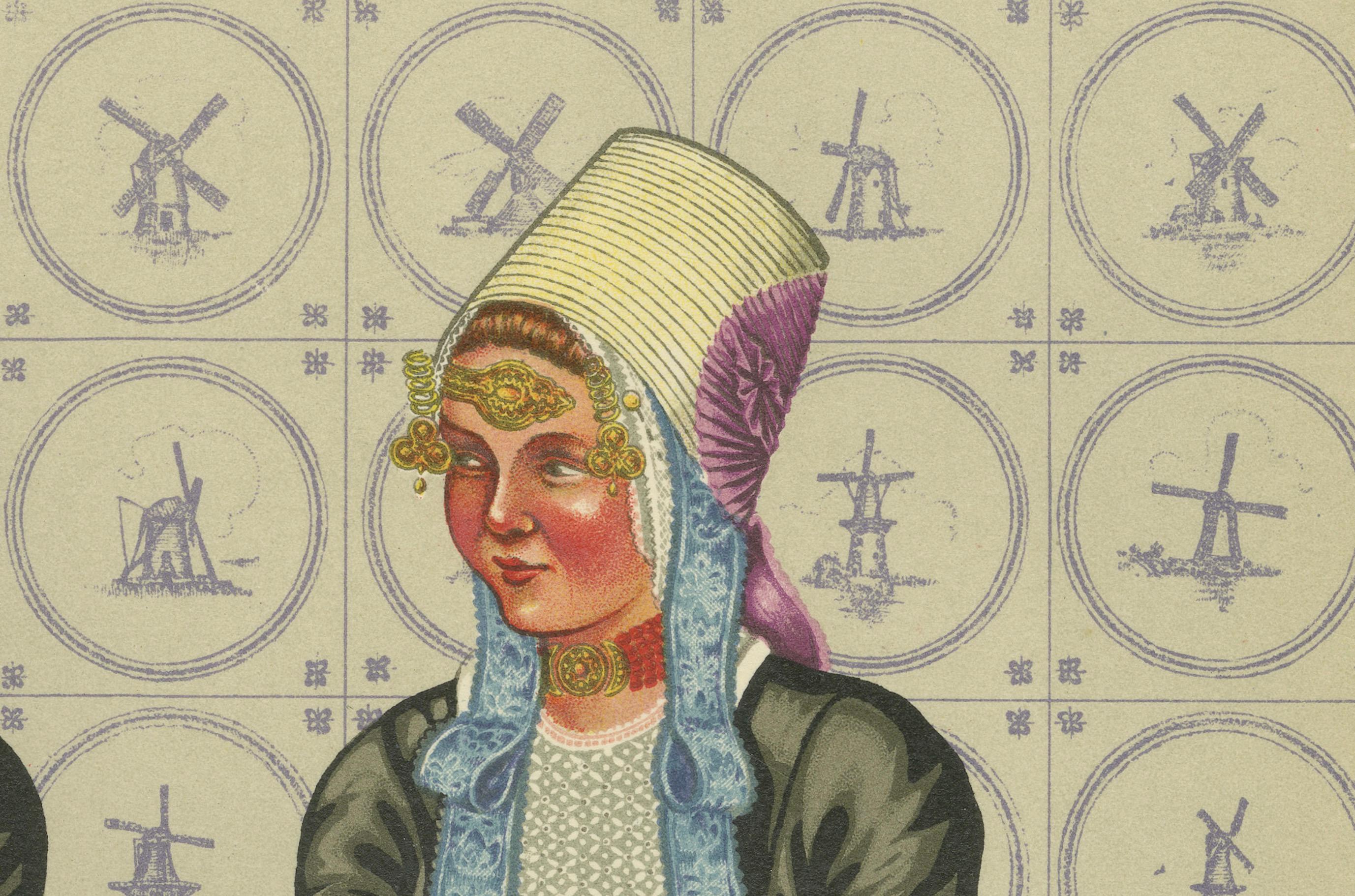 Lithographie de la tenue quotidienne des femmes de Walcheren avec bonnets et beuk, vers 1860-1890 en vente 1