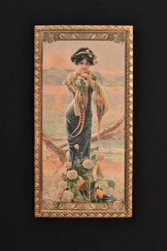 Litografía de mujer y flores sobre seda (1904), por Gaspar Camps