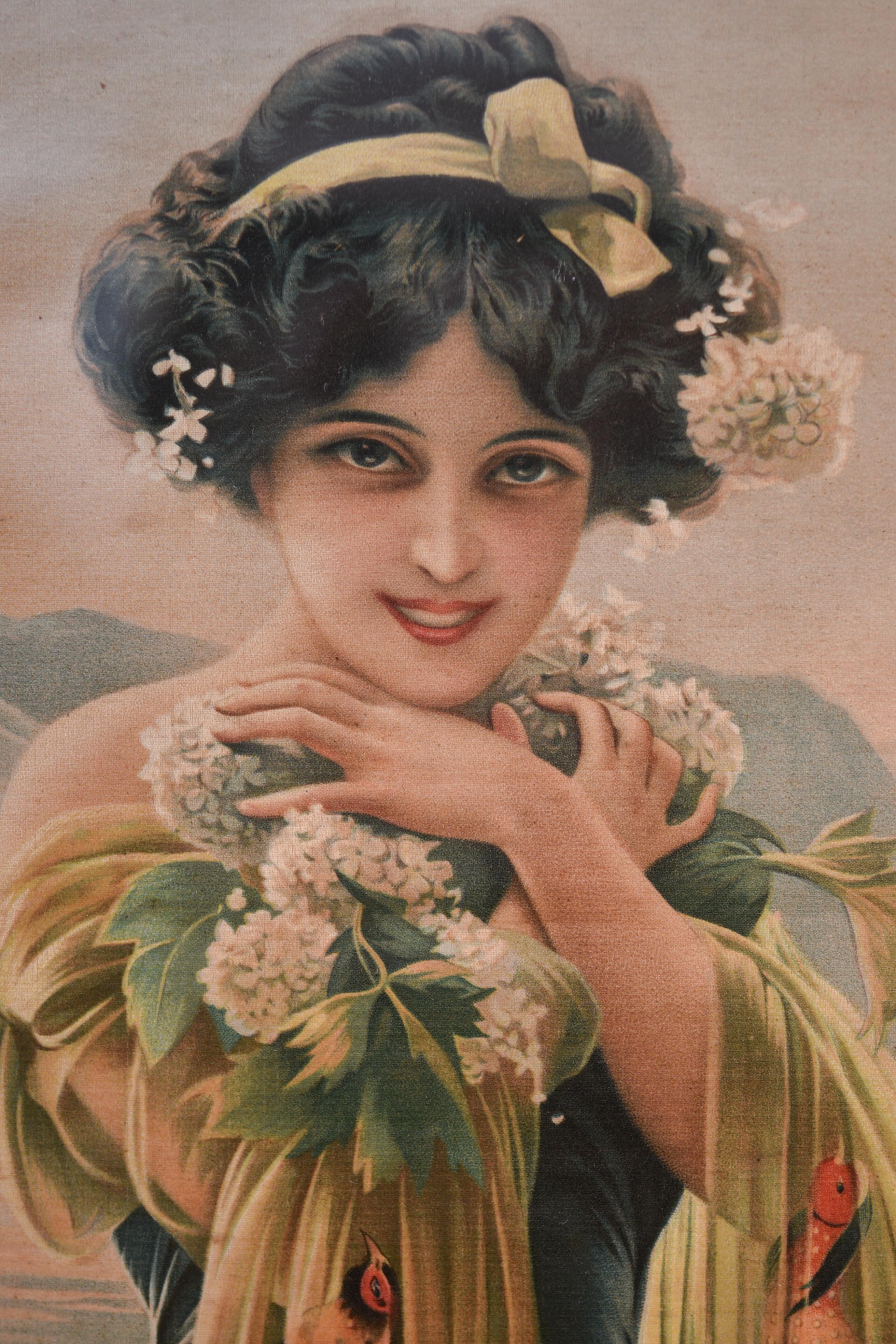 Spanish Lithograph of woman and flowers on silk (1904), by Gaspar Camps For Sale