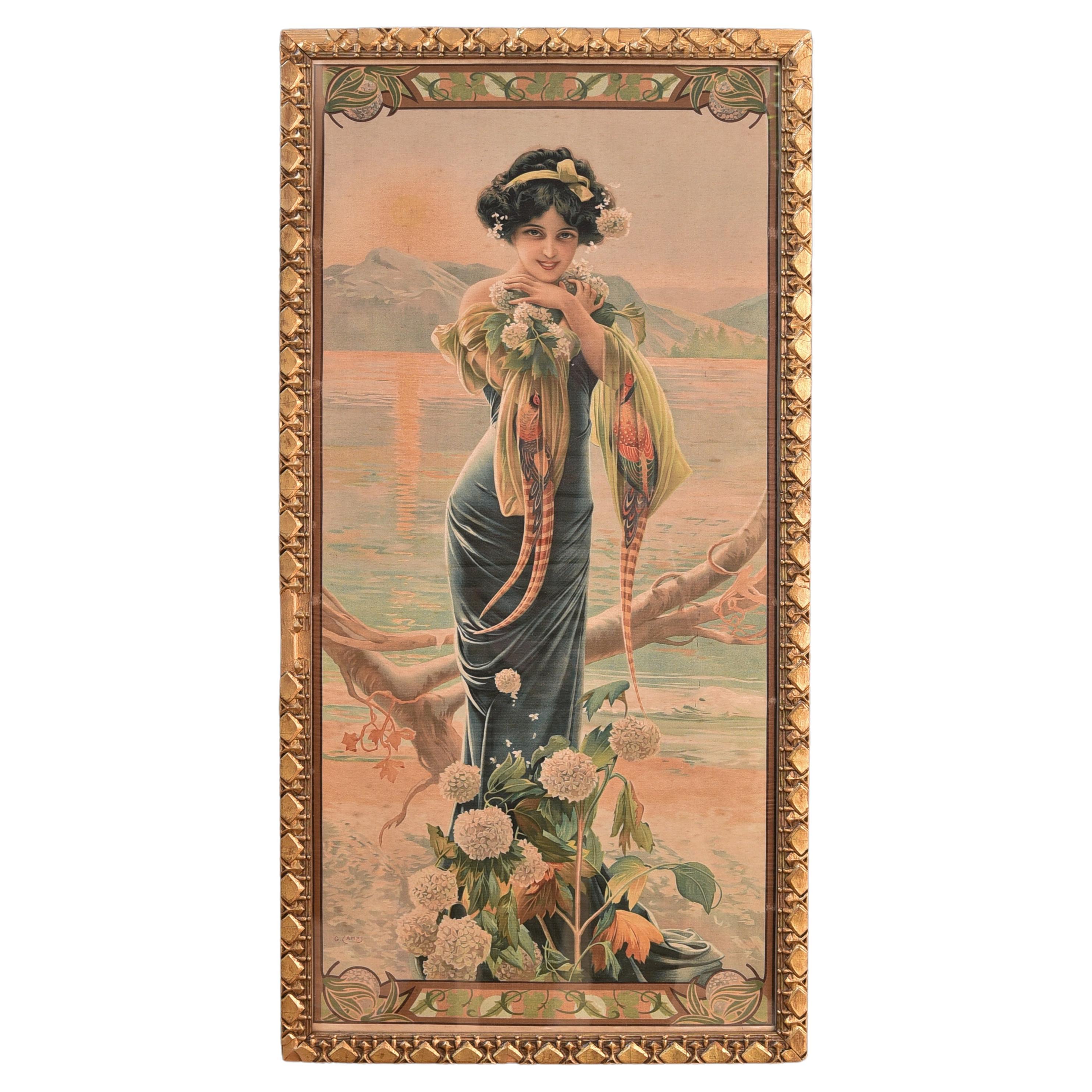 Lithograph of woman and flowers on silk (1904), by Gaspar Camps For Sale