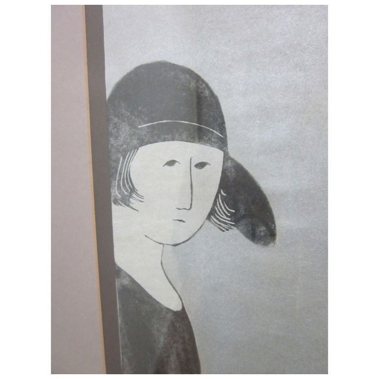 Lithograph of a woman by Stephen White. Numbered 199/220. Dated 1975. 
Titled: Visitor.
Medium: Woodcut on wove paper, signed and numbered in pencil.

Metal frame.
