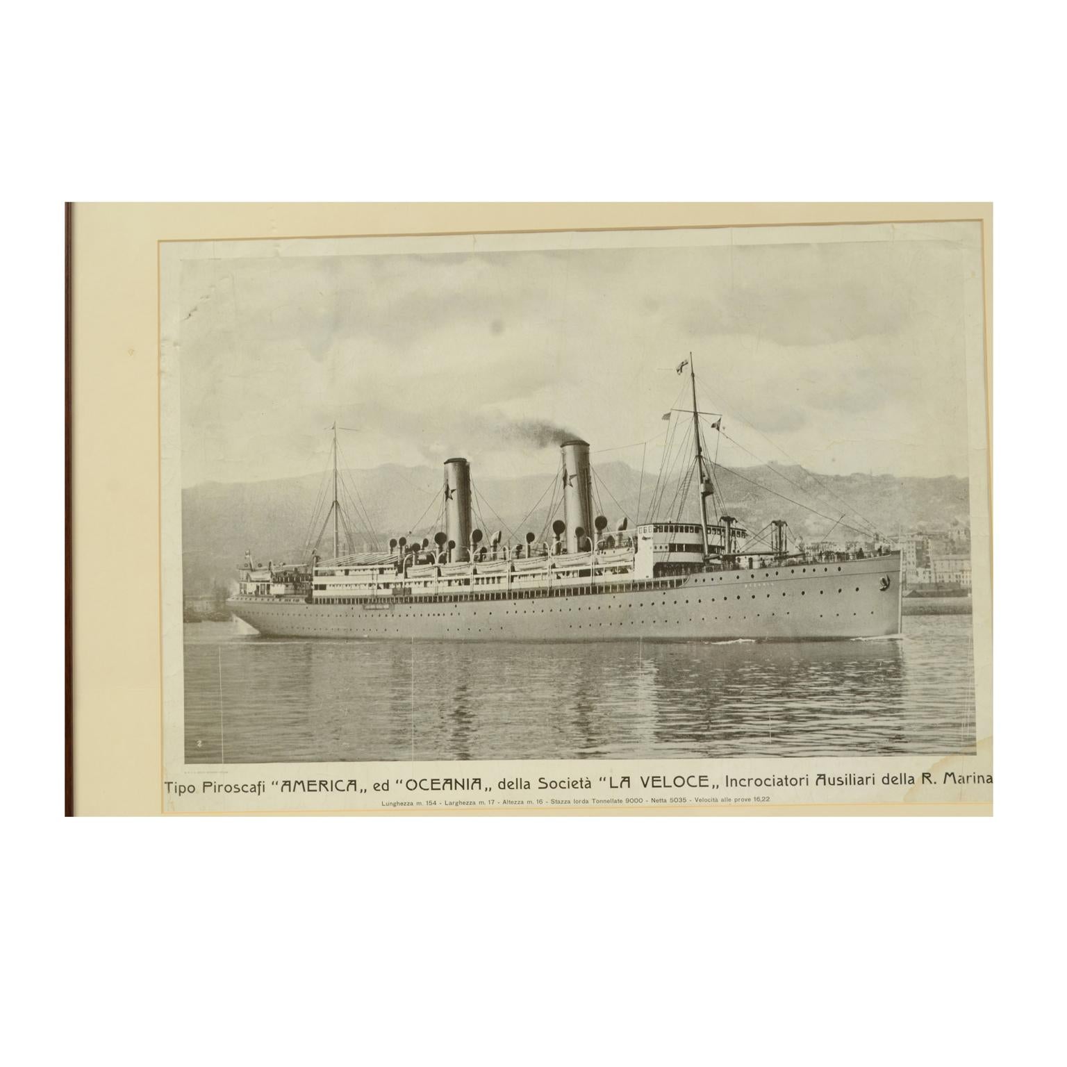 Lithograph on paper published by S.A.I.G, Adolfo Barabino Genova depicting the Oceania steamer. Title of the lithograph “America and Oceania Steamboats of the La Veloce Company, Auxiliary Cruisers of the Royal Navy. Measures: Length m. 154, width,
