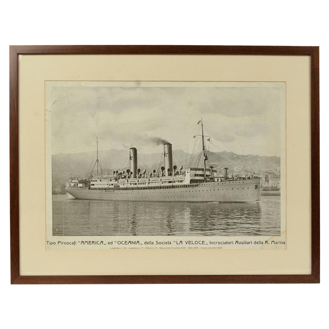 Grabado náutico antiguo de los años 30 que representa un barco Oceanía, por Adolfo Barabino Genova