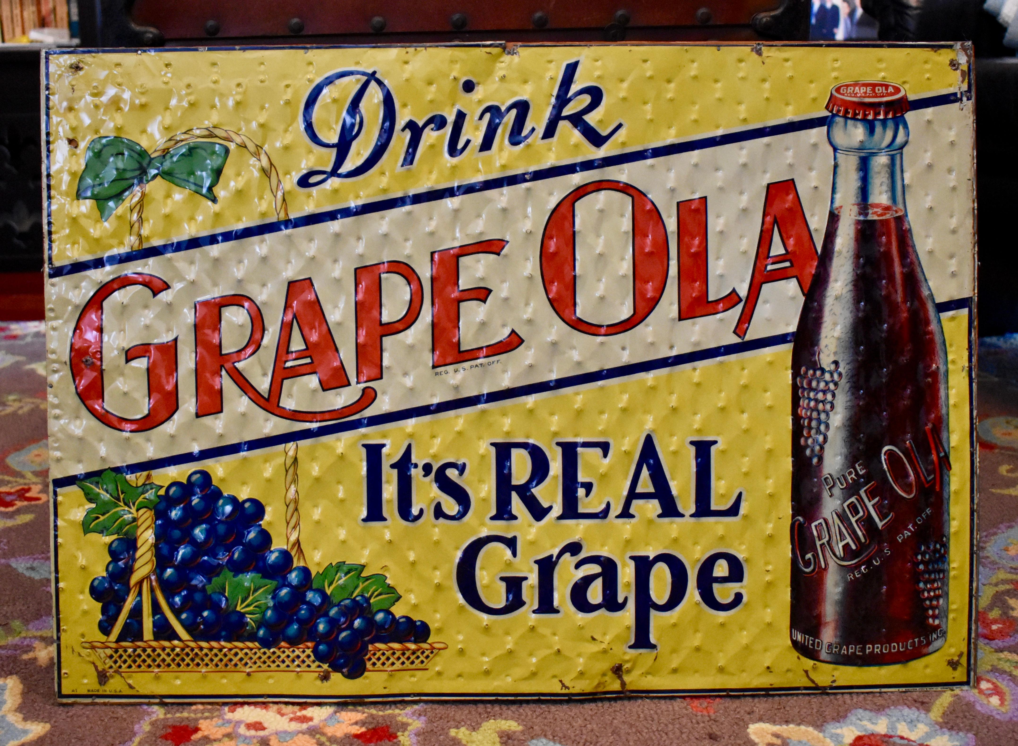 Lithograph Quilted Tin Advertising Sign, Early 20th Century Grape-Ola Soda 2