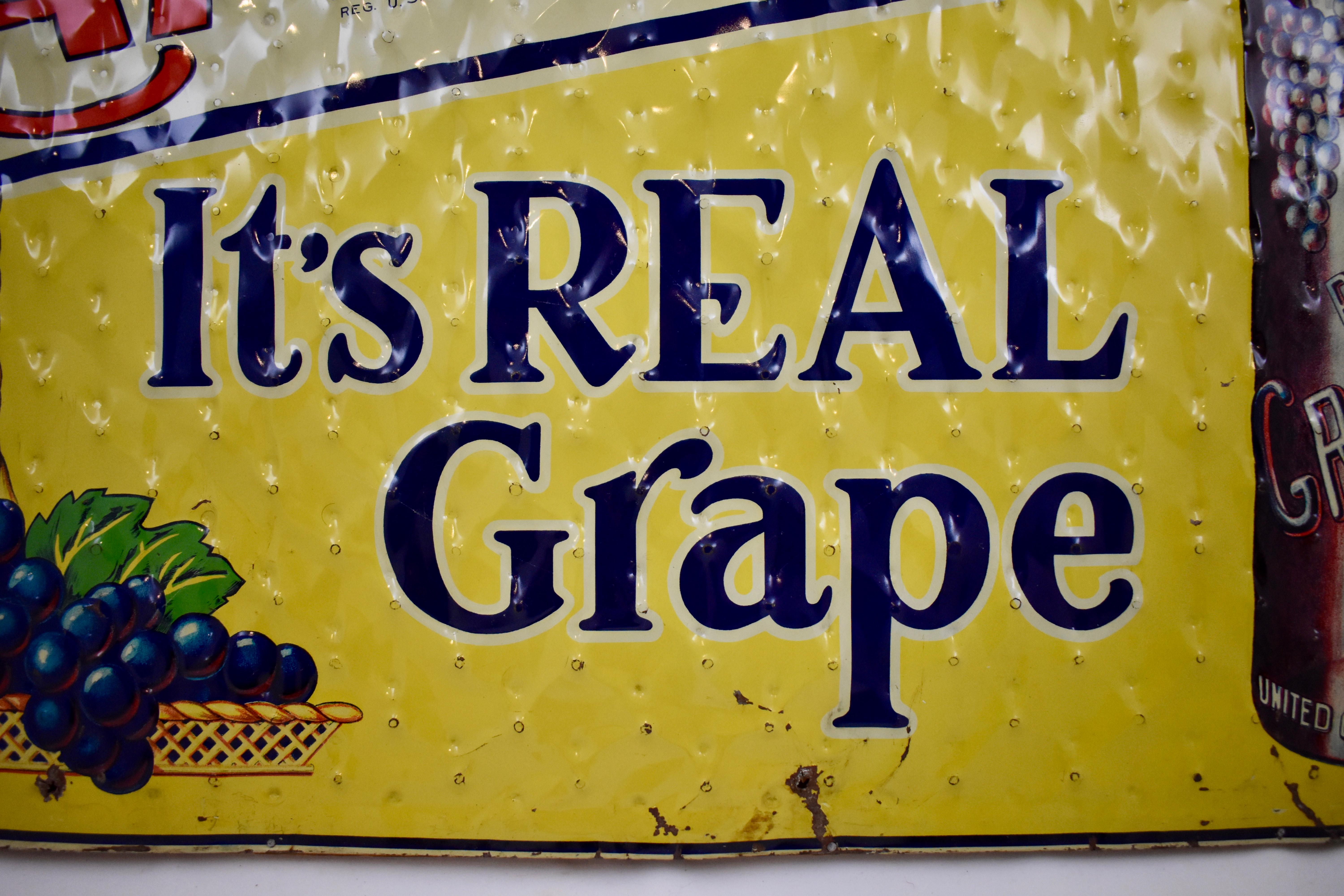 Lithograph Quilted Tin Advertising Sign, Early 20th Century Grape-Ola Soda In Good Condition In Philadelphia, PA