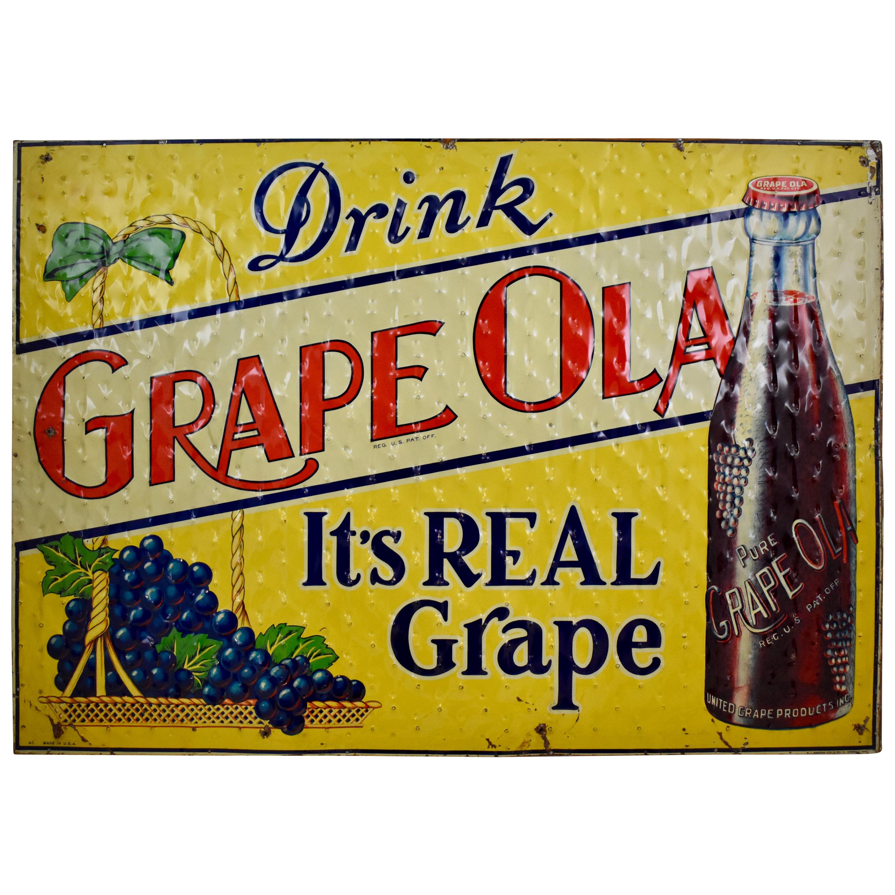 Lithograph Quilted Tin Advertising Sign, Early 20th Century Grape-Ola Soda