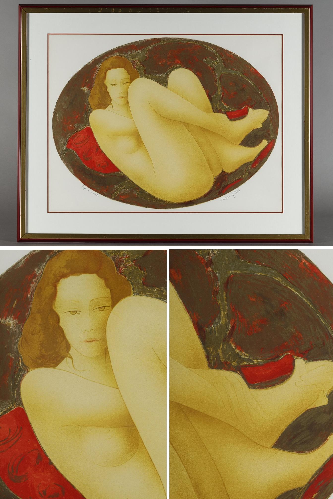 Nude woman lying on a bed. Lithograph dated 1986 and signed 