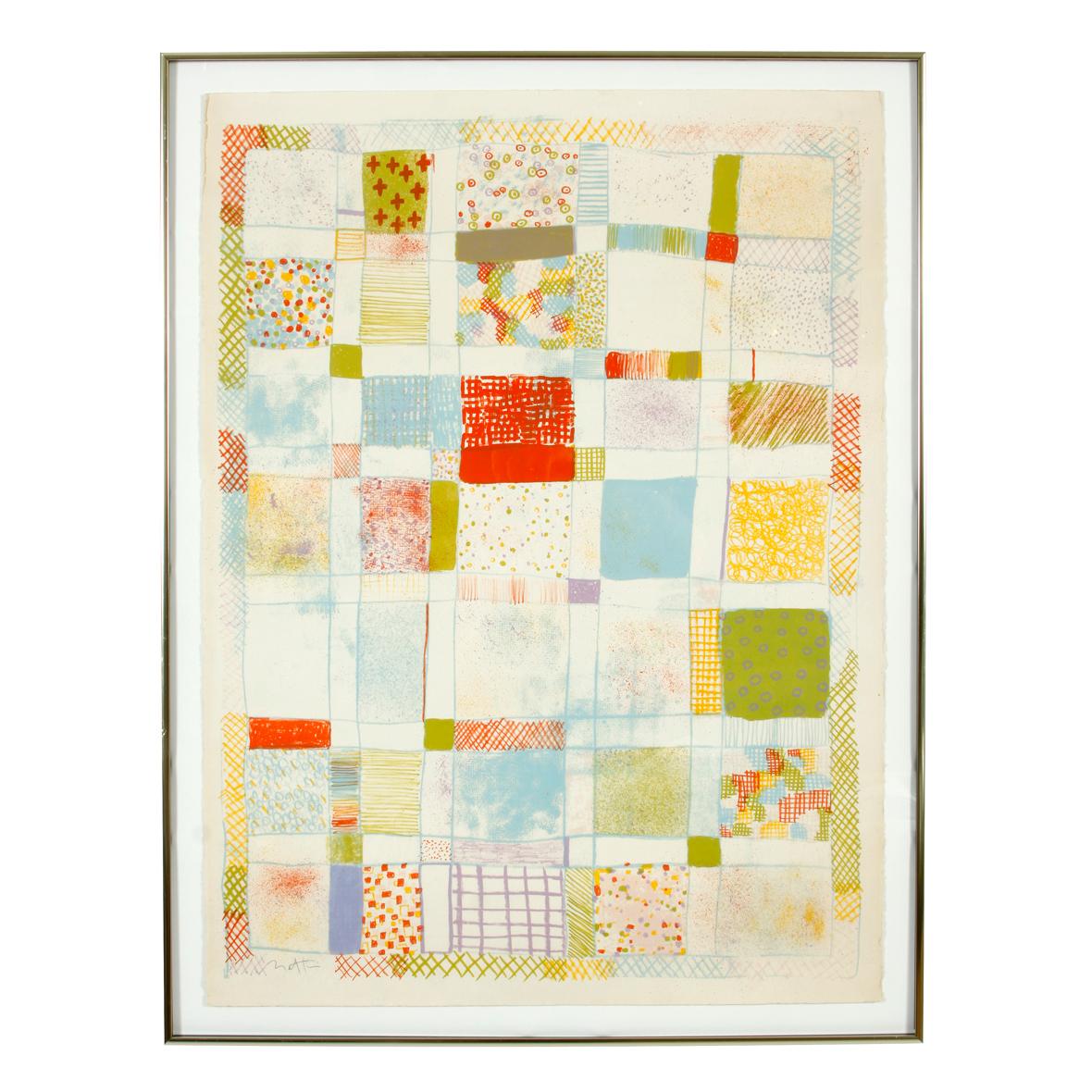Abstract lithograph signed by Robert Natkin in quilt motif.