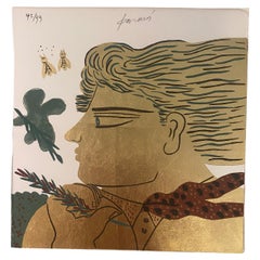 Litografia "Le api" di Alekos Fassianos, Serigrafia d'arte con dettagli in oro, 2002