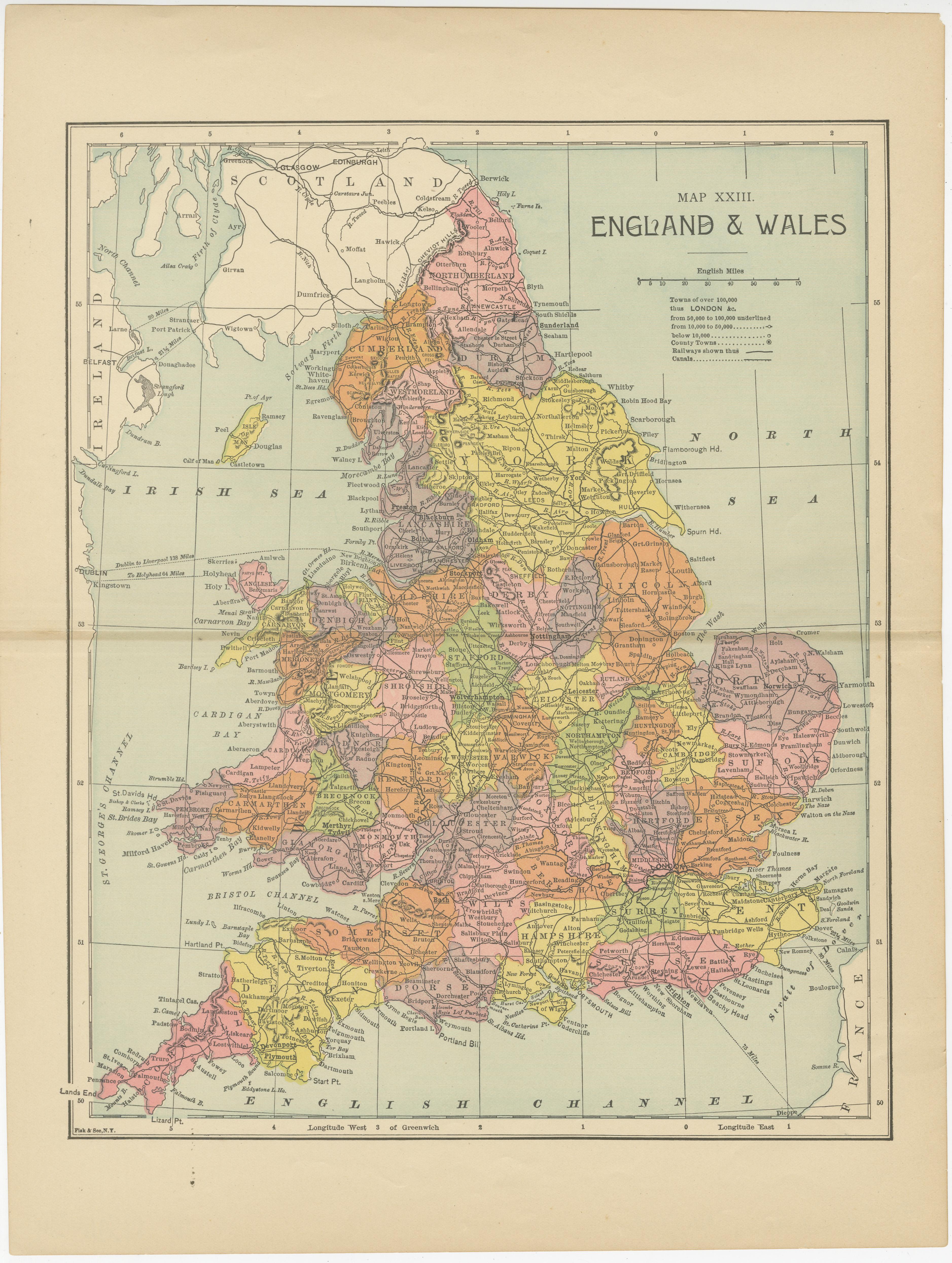 Original antique map titled 'Map XXIII England & Wales'. Lithographed map of England and Wales. Published by Fisk & See, circa 1890.