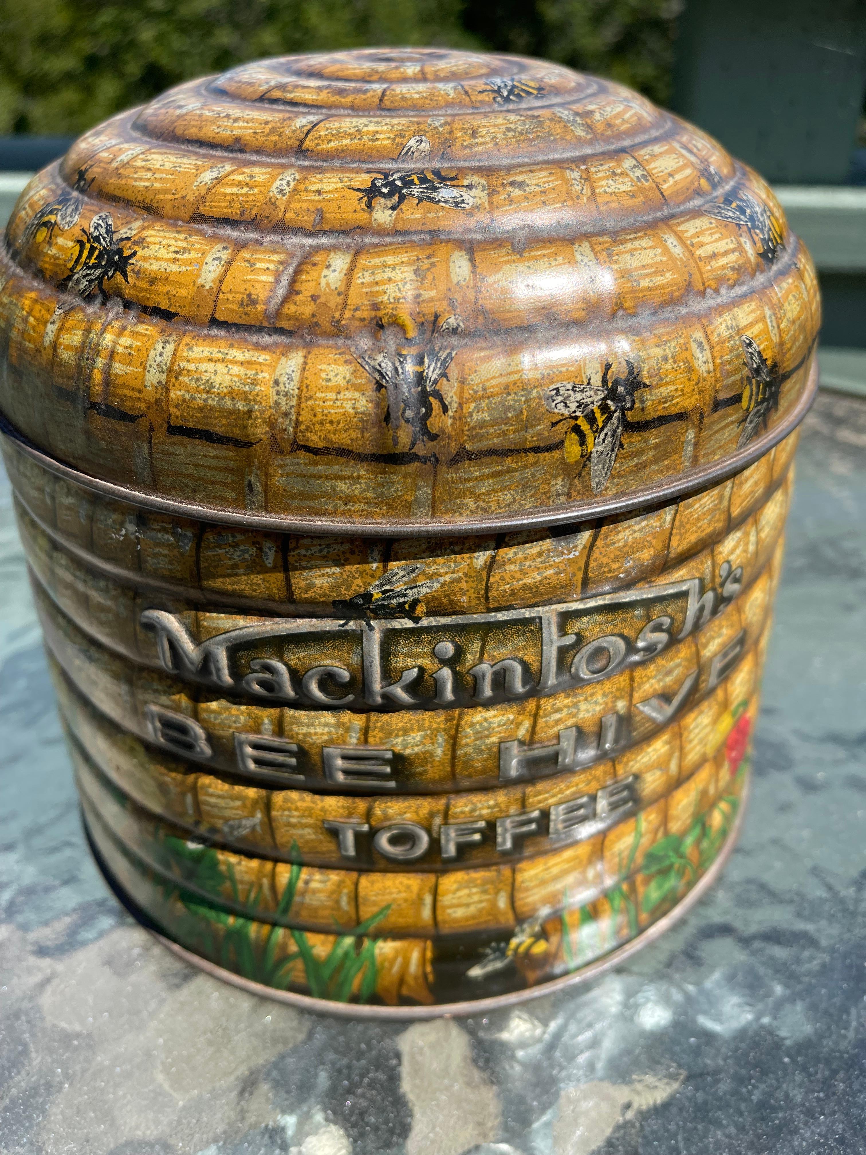 Early 20th Century Lithographed Tin Canister, Mackintosh Bee Hive Toffee, English ca. 1920's