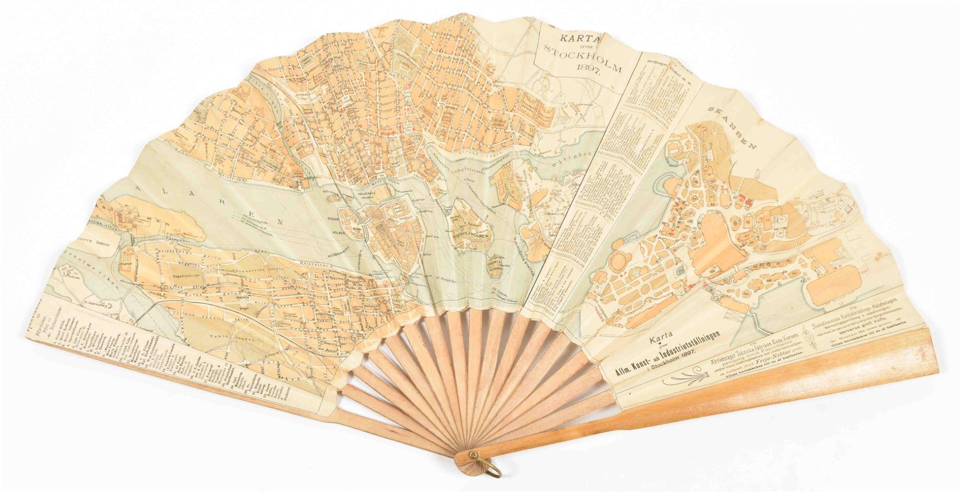 Colored lithographic plan printed on one side of a large fan, with legends and inset map 