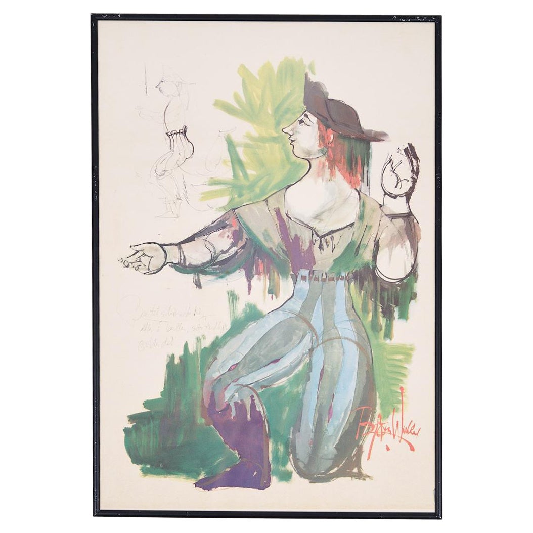 Lithographic Print In Black Frame Signed By Bjørn Wiinblad