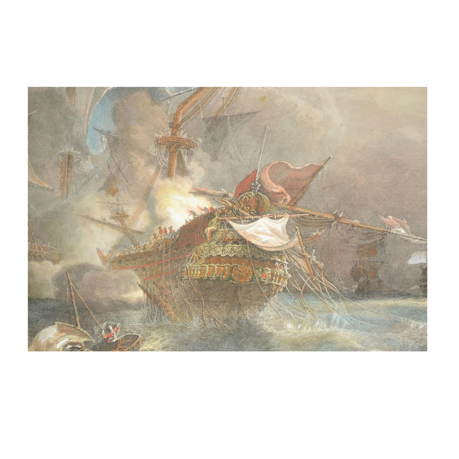 Vintage Lithographic Print of Battle of Cape Lèzard, Early 1900s, Oakwood Frame For Sale 4