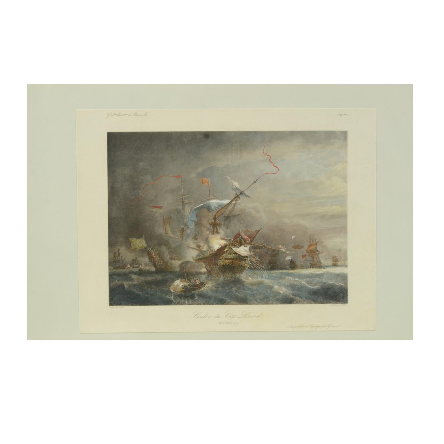 French Vintage Lithographic Print of Battle of Cape Lèzard, Early 1900s, Oakwood Frame For Sale