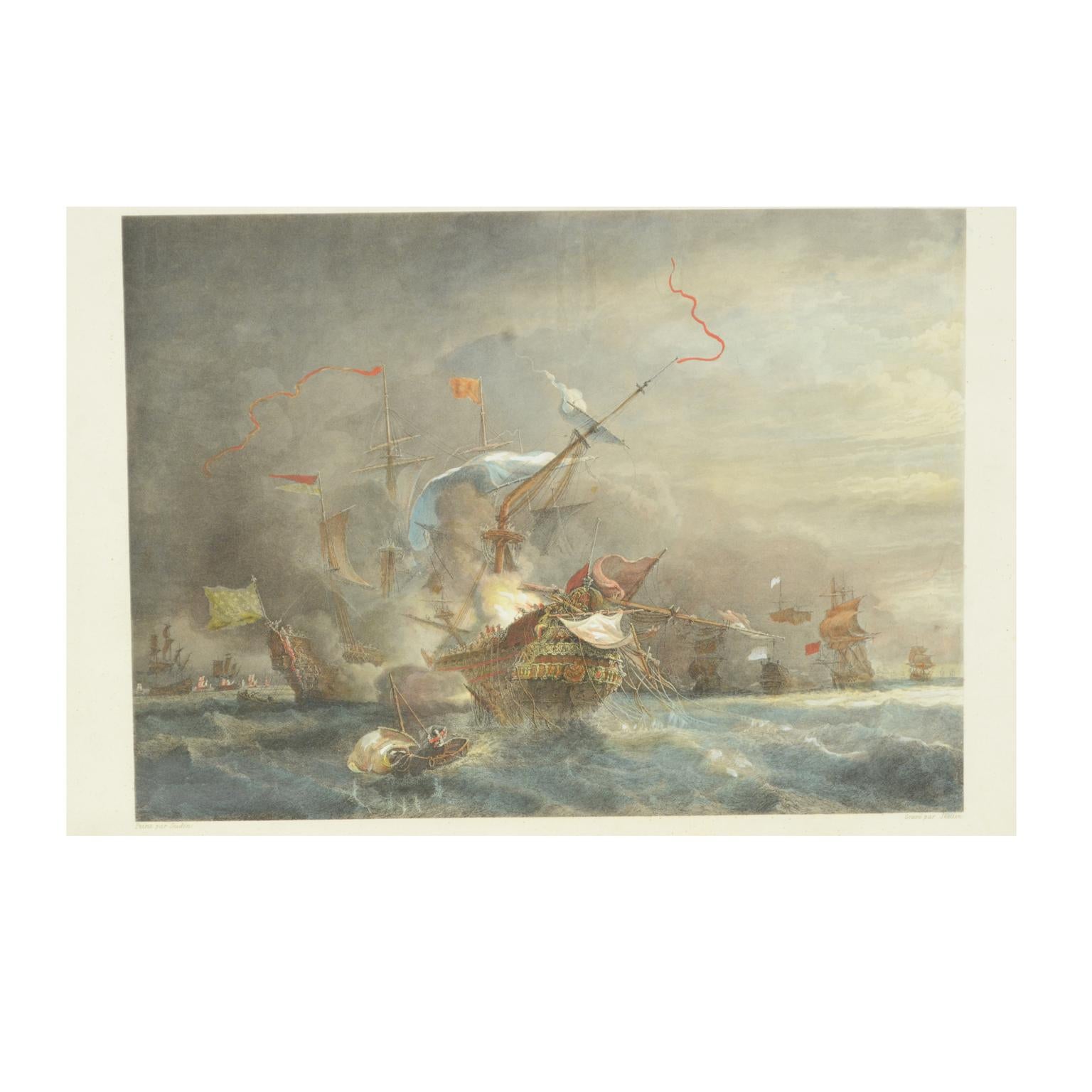 Vintage Lithographic Print of Battle of Cape Lèzard, Early 1900s, Oakwood Frame In Good Condition For Sale In Milan, IT