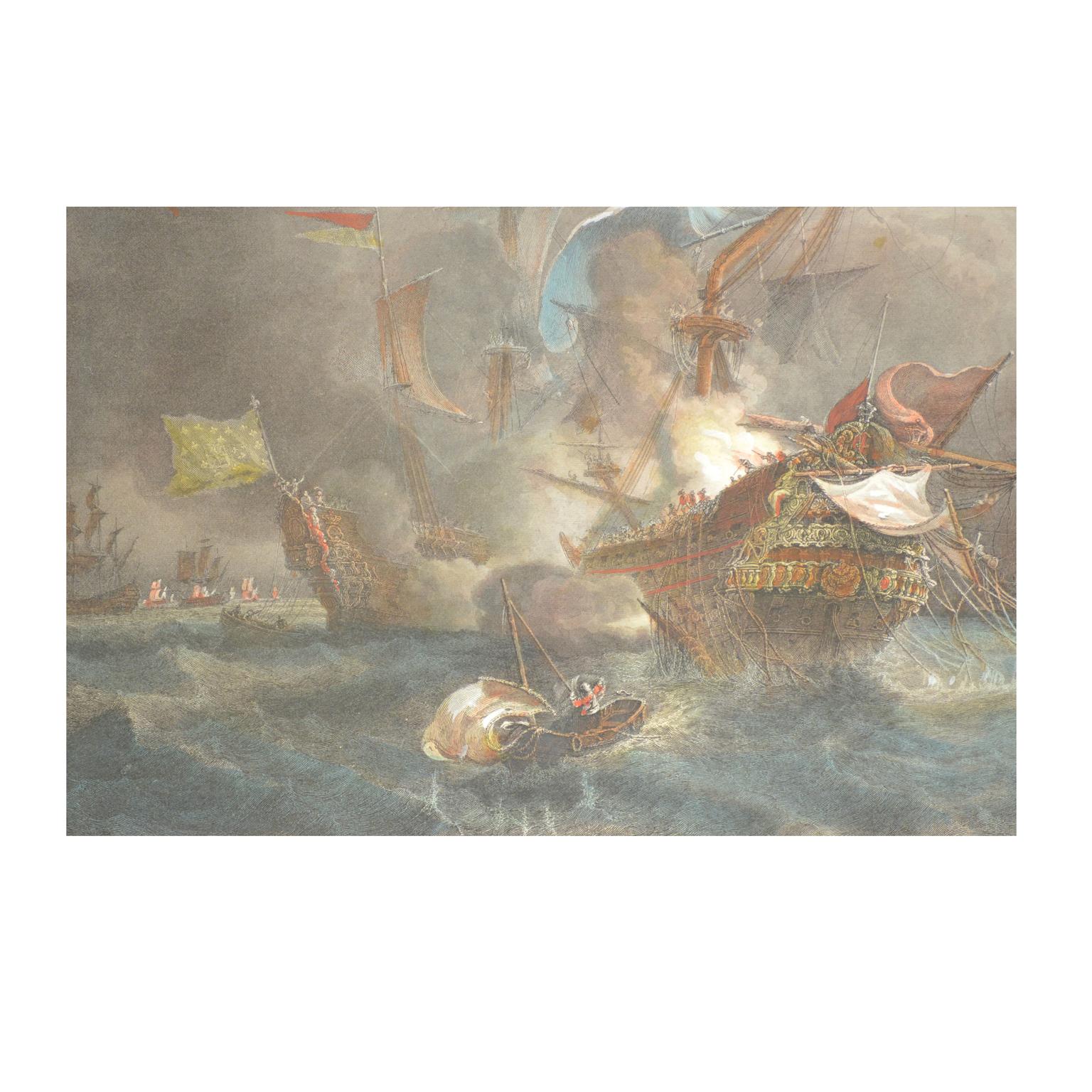 20th Century Vintage Lithographic Print of Battle of Cape Lèzard, Early 1900s, Oakwood Frame For Sale