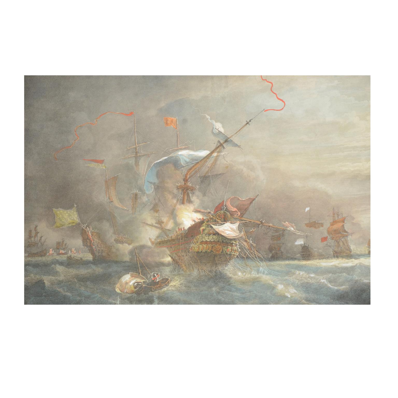 Paper Vintage Lithographic Print of Battle of Cape Lèzard, Early 1900s, Oakwood Frame For Sale