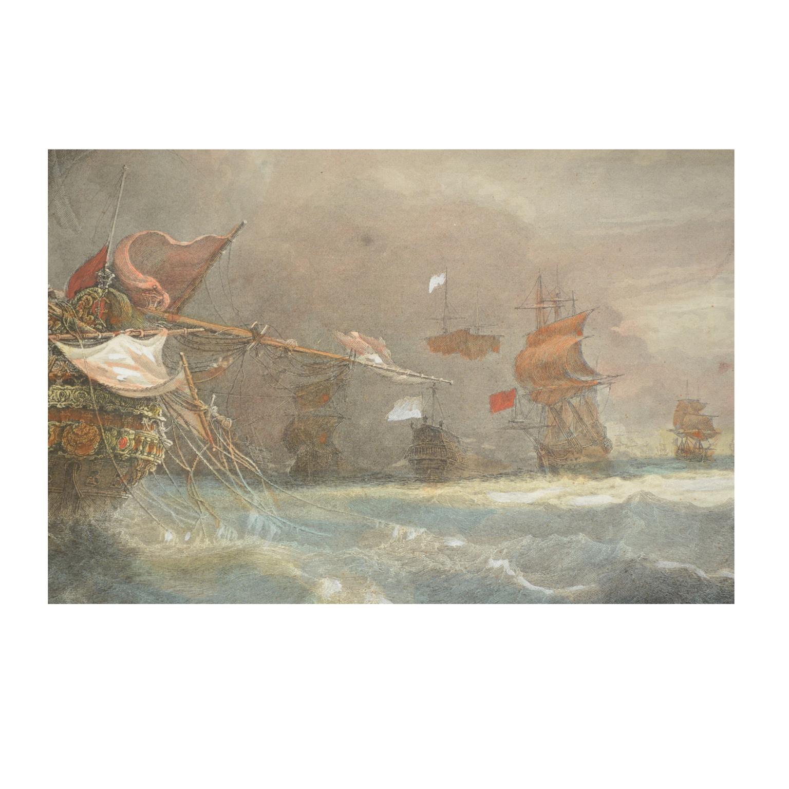 Vintage Lithographic Print of Battle of Cape Lèzard, Early 1900s, Oakwood Frame For Sale 1