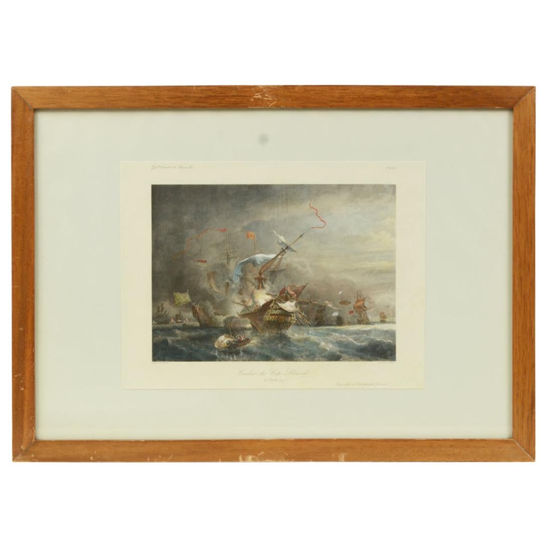 Vintage Lithographic Print of Battle of Cape Lèzard, Early 1900s, Oakwood Frame