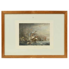 Vintage Lithographic Print of Battle of Cape Lèzard, Early 1900s, Oakwood Frame