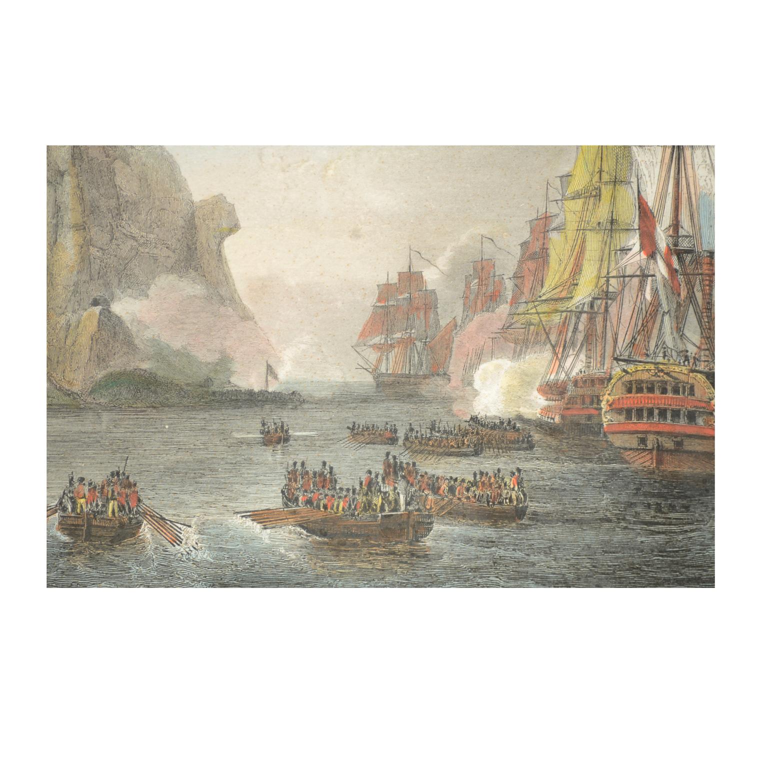 Antique Lithographic Print of the Diamond Rock Battle Early 1900s, Oakwood Frame For Sale 2