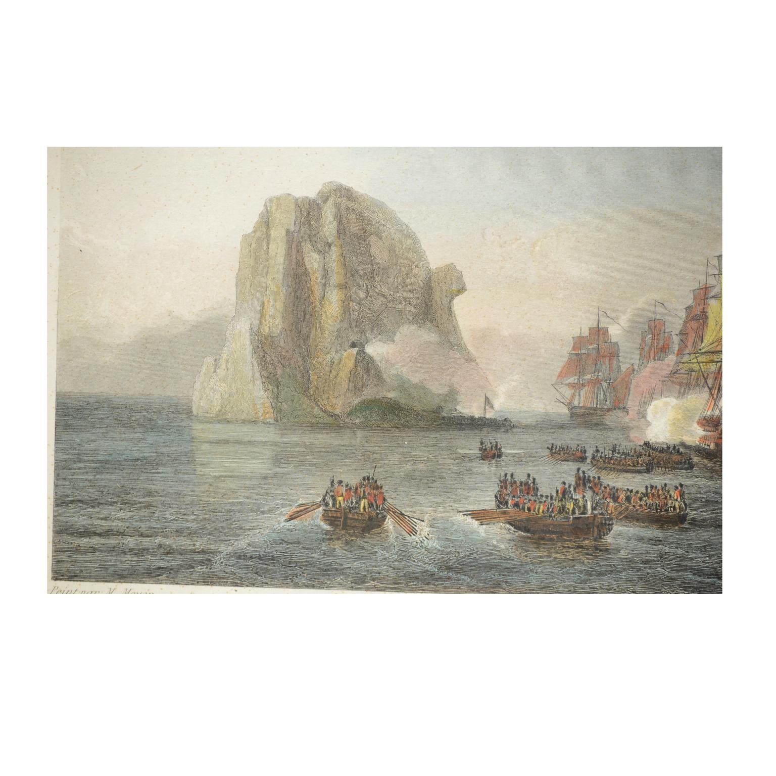 Paper Antique Lithographic Print of the Diamond Rock Battle Early 1900s, Oakwood Frame For Sale