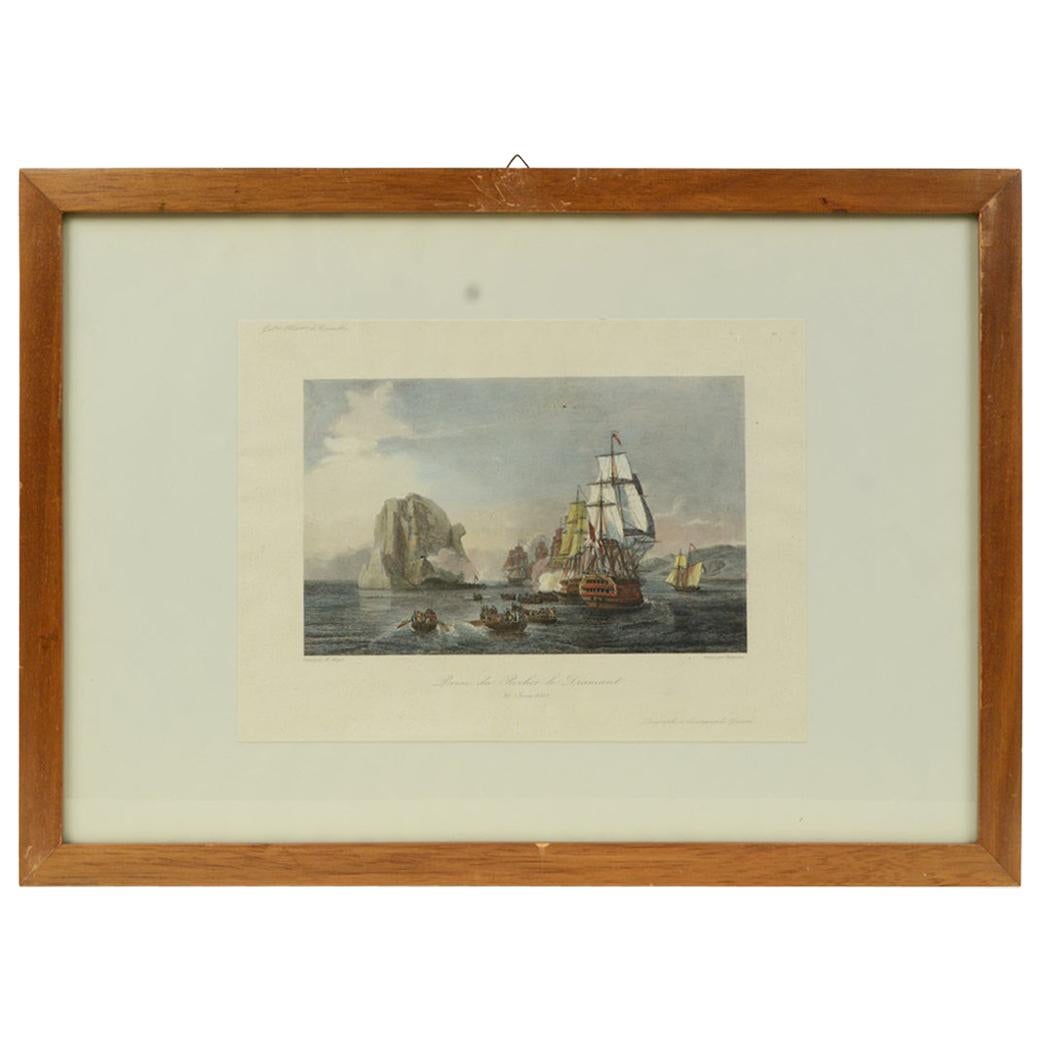 Antique Lithographic Print of the Diamond Rock Battle Early 1900s, Oakwood Frame For Sale