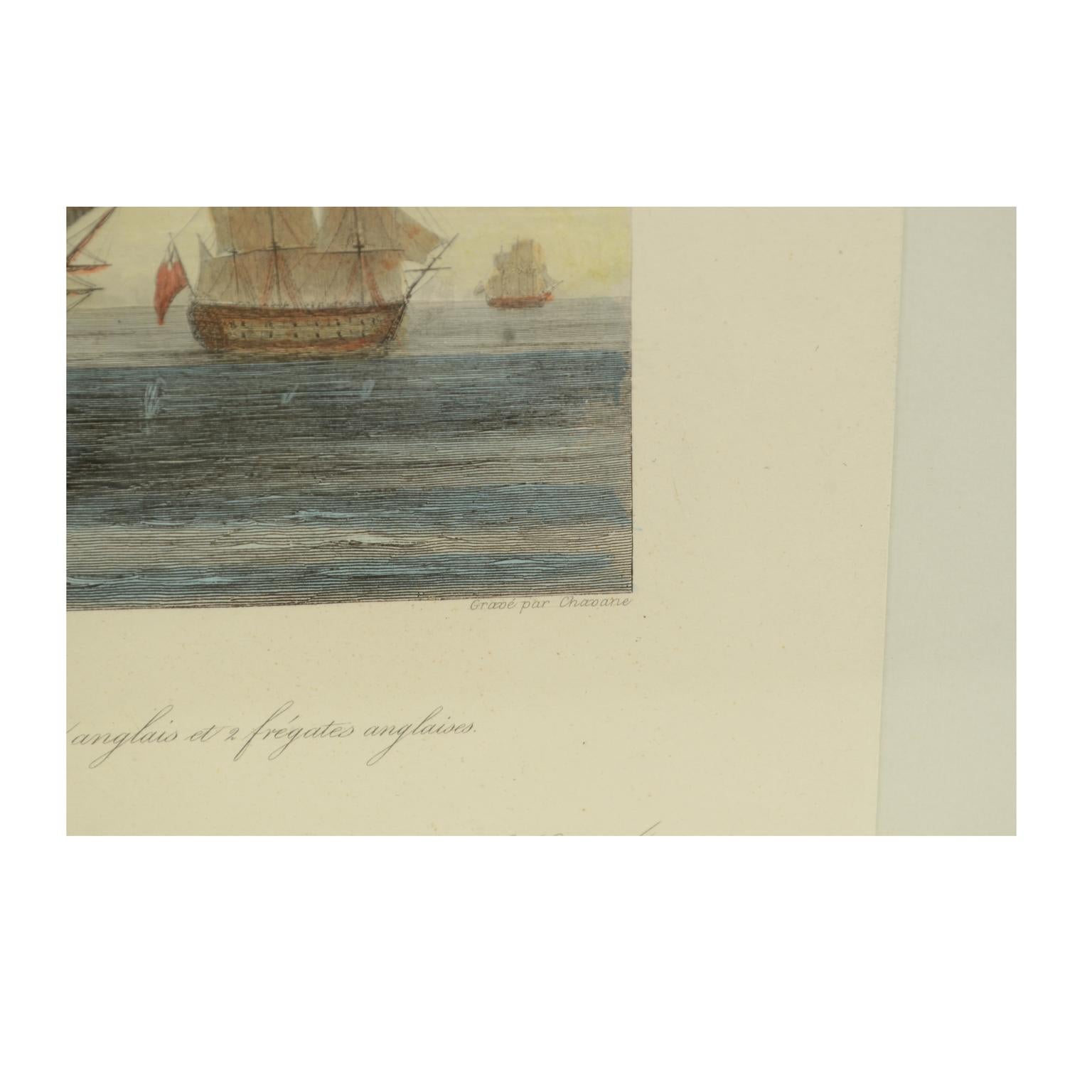Impression lithographique vintage de 1900 dans un cadre en bois de chêne français de la frégate Minerva en vente 4
